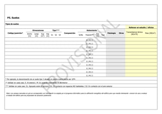 P5. Suelos

Tipos de suelos

                                                                                                                                                                                   Rellenar en estudio / oficina
                                       Dimensiones                  Tipo***                                          Aislamiento
                                                                                                                                                                               Transmitancia témica
   Código/posición*                                                                  Composición                                                   Patología        Otros                                 Peso (KN/m2)
                               Ancho     Largo     Sup     Esp
                                                                  S1   S2    S3                           Si/No     Posición**
                                                                                                                                   Esp
                                                                                                                                          Tipo                                      (W/m2K)
                                (m)       (m)      (m2)    (m)                                                                     (m)

                                                                                                                     E/M/I

                                                                                                                     E/M/I

                                                                                                                     E/M/I

                                                                                                                     E/M/I

                                                                                                                     E/M/I

                                                                                                                     E/M/I

                                                                                                                     E/M/I

                                                                                                                     E/M/I

                                                                                                                     E/M/I

                                                                                                                     E/M/I

                                                                                                                     E/M/I

* Por ejemplo, la denominación de un suelo tipo 3 situado en planta cuarta podría ser 3/P4

** Señalar en cada caso. E: Al exterior / M: En posición intermedia / I: Al interior

*** Señalar en cada caso. S1: Apoyado sobre el terreno / S2: En contacto con espacios NO habitables / S3: En contacto con el aire exterior



 Nota: Los campos marcados en gris se corresponden con información no exigida por el programa informático para la calificación energética del edificio pero que resulta interesante conocer de cara a evaluar
 el estado del edificio para las propuestas de actuación posteriores.
 