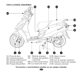 (1) Frenodedisco
(3) VálvulaCCB(interior)
(5) Posapiedelparrillero
(4) Soporteprincipal
(2) Conjuntodepinza
(10) Agarre trasero
(11) Asiento
(12) Luz de arranque (interior)
(14) Lámpara principal
(13) Gancho trasero del equipaje
VISTA LATERAL IZQUIERDA
11
(6) Pedaldearranque
(7) Posapie del parrillero
(opcional)
(8) Luz direccional trasera
(9) Luz trasera/de freno
10
14
11
12
9
8
4 6
1 2 7
3 5
13
*Accesorios y características pueden no ser equipo estándar
 