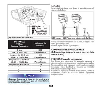 15
20
0
40 00
20
km/h
(1) Servicio de recordatorio
NOTA
1
XXXX
1 2
DISTANCIA
TOTAL
(Lectura Odómetro)
OFF
Parpadeando
ON
ON
Parpadeando
Parpadeando
ON
•
•
•
Indicador de
conducta
0 km
500 - 750 km
Después de 750 km
3000 - 3500 km
Después de 3500 km
6000 - 6500 km
Después de 6500 km
•
•
•
Después de que se le haya hecho servicio a la
motocicleta, asegúrese que el recordatorio
estédenuevoreiniciado
LLAVES
La motocicleta tiene dos llaves y una placa con el
númerodelallave.
Guardelaplacaenunlugarseguro.
Usted necesitará el número de la llave, si alguna vez
tienequereemplazarla.
(1) Llaves (2) Placa con número de la llave
COMPONENTESPRINCIPALES
(Información necesaria para operar ésta
motocicleta)
FRENOS(Frenadointegrado)
Cuando se aplica la palanca de los frenos, tanto el
delantero como el trasero deben operarse
conjuntamente.
Los frenos son elementos de seguridad personal y
siempre deben mantenerse con los ajustes adecuados.
Su motocicleta está equipada con frenado mecánico
integrado (tipo tambor) o sistema de frenado
hidráulicointegrado(tipodisco).
 