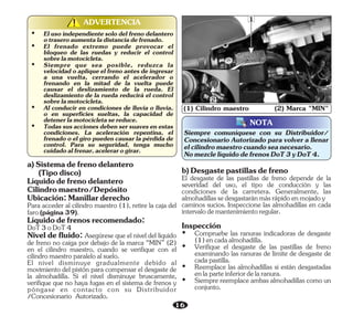 16
ADVERTENCIA
!
!
(1) Cilindro maestro (2) Marca "MIN"
1
2
NOTA
Siempre comuníquese con su Distribuidor/
Concesionario Autorizado para volver a llenar
elcilindromaestrocuandoseanecesario.
NomezclelíquidodefrenosDoT3yDoT4.
Ÿ Al conducir en condiciones de lluvia o lluvia,
o en superficies sueltas, la capacidad de
detenerlamotocicletasereduce.
Ÿ El uso independiente solo del freno delantero
otraseroaumentaladistanciadefrenado.
Ÿ El frenado extremo puede provocar el
bloqueo de las ruedas y reducir el control
sobrelamotocicleta.
Ÿ Siempre que sea posible, reduzca la
velocidad o aplique el freno antes de ingresar
a una vuelta, cerrando el acelerador o
frenando en la mitad de la vuelta puede
causar el deslizamiento de la rueda. El
deslizamiento de la rueda reducirá el control
sobrelamotocicleta.
Ÿ Todassusaccionesdebensersuavesenestas
condiciones. La aceleración repentina, el
frenado o el giro pueden causar la pérdida de
control. Para su seguridad, tenga mucho
cuidadoalfrenar,acelerarogirar.
Cilindromaestro/Depósito
Líquidodefrenodelantero
DoT3oDoT4
(Tipodisco)
Para acceder al cilindro maestro (1), retire la caja del
faro(página39).
Ubicación:Manillarderecho
Líquidodefrenosrecomendado:
Nivel de fluido: Asegúrese que el nivel del líquido
de freno no caiga por debajo de la marca “MIN” (2)
en el cilindro maestro, cuando se verifique con el
cilindromaestroparaleloalsuelo.
El nivel disminuye gradualmente debido al
movimiento del pistón para compensar el desgaste de
la almohadilla. Si el nivel disminuye bruscamente,
verifique que no haya fugas en el sistema de frenos y
póngase en contacto con su Distribuidor
/Concesionario Autorizado.
a)Sistemadefrenodelantero
El desgaste de las pastillas de freno depende de la
severidad del uso, el tipo de conducción y las
condiciones de la carretera. Generalmente, las
almohadillassedesgastaránmásrápidoenmojadoy
caminos sucios. Inspeccione las almohadillas en cada
intervalodemantenimientoregular.
Inspección
Ÿ Reemplace las almohadillas si están desgastadas
enlaparteinferiordelaranura.
Ÿ Compruebe las ranuras indicadoras de desgaste
(1)encadaalmohadilla.
Ÿ Siempre reemplace ambas almohadillas como un
conjunto.
Ÿ Verifique el desgaste de las pastillas de freno
examinando las ranuras de límite de desgaste de
cadapastilla.
b)Desgastepastillasdefreno
 