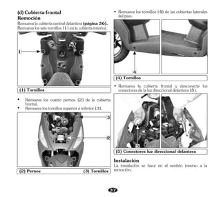 37
Remuevalosseistornillos(1)enlacubiertainterior.
Remoción
Remuevalacubiertacentraldelantera(página36).
(d)Cubiertafrontal
(3) Tornillos
(2) Pernos
2
3
(4) Tornillos
• Remueva los tornillos (4) de las cubiertas laterales
delpiso.
4
• Remueva la cubierta frontal y desconecte los
conectoresdelaluzdireccionaldelantera(5).
(1) Tornillos
1
(5) Conectores luz direccional delantera
5
5
Ÿ Remueva los cuatro pernos (2) de la cubierta
frontal.
Ÿ Remuevalostornillossuperioreinferior(3).
Instalación
La instalación se hace en el sentido inverso a la
remoción.
 