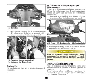 40
(4) Tornillos
4
(1) Perno (A) Hacia arriba (B) Hacia abajo
(5) Conector lámpara principal
(6) Conector luz de posición
5 6
A
B
1
• Afloje el perno (1) y mueva el foco hacia arriba o
haciaabajoparaunenfoquecorrecto.
Una luz ajustada inapropiadamente puede
enceguecer al conductor contrario o puede
fallar en iluminar la vía para una distancia
segura.
ADVERTENCIA
!
!
Ÿ Desconecte el conector de la lámpara principal
(5), el conector de la luz de posición (6) y
remuevalacubiertadelalámparaprincipal.
La instalación se hace en el sentido inverso a la
remoción.
Instalación
Ajustevertical
(g)Enfoquedelalámparaprincipal
Ÿ Estacione la motocicleta en el soporte principal
enunasuperficieniveladafrenteaunapared.
El foco de la lámpara principal viene preajustado de
fábrica. Sin embargo, en caso de que sea necesario
realizar un ajuste, siga los pasos que se indican a
continuación.
Para su seguridad, es muy importante tomar unos
momentos antes de conducir el Scooter y revisar su
condición.
Si se detecta algún problema, asegúrese de
solucionarlo o que sea corregido por su Distribuidor/
ConcesionarioAutorizado.
INSPECCIÓNPRELIMINAR
 
