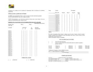 Certifique-se de contatar com sua empresa de manutenção afim de solucionar seu problema       Nome              Usuário                                    Prioridades
rapidamente.
                                                                                                                Mestre 00         Normal        Stay/A       Away/B                Isolar
OPERAÇÃO DO ALARME DE INCÊNDIO:                                                                                                                                                     zonas
                                                                                                                Usuário 01        [     ]       [      ]     [     ]           [        ]
ALARME: Em caso de alarme de fogo, a sirene vai operar em modo intermitente (pulsado).                          Usuário 02        [     ]       [      ]     [     ]           [        ]
SILENCIAR/REARMAR: Entre com o código de usuário.                                                               Usuário 03        [     ]       [      ]     [     ]           [        ]
                                                                                                                Usuário 04        [     ]       [      ]     [     ]           [        ]
TESTES: Recomendamos que você teste seu sistema ao menos uma vez por semana. Avise sua                          Usuário 05        [     ]       [      ]     [     ]       [        ]
empresa de monitoramento antes e depois do teste.                                                               Usuário 06        [     ]       [      ]     [     ]       [        ]
                                                                                                                Usuário 07        [     ]       [      ]     [     ]       [        ]
IMPORTANTE: MANTENHA ESTAS INFORMAÇÕES EM LOCAL SEGURO.                                                         Usuário 08        [     ]       [      ]     [     ]       [        ]
                                            DESCRIÇÃO DE ZONAS                                                  Usuário 09        [     ]       [      ]     [     ]       [        ]
Partição Ativa      Sim[ ]         Não[ ]                                                                       Usuário 10        [     ]       [      ]     [     ]       [        ]
ANULAR                                                                                                          Usuário 11        [     ]       [      ]     [     ]       [        ]
                                                                                                                Usuário 12        [     ]       [      ]     [     ]       [        ]
LIGADO                                SISTEMA               24      BYPASS                                      Usuário 13        [     ]       [      ]     [     ]       [        ]
                                      A    B                HRS     PERMITIDO                                   Usuário 14        [     ]       [      ]     [     ]       [        ]
                                                                                                                Usuário 15        [     ]       [      ]     [     ]       [        ]
ZONA 1:                           [    ]   [    ]       [    ]      [   ]                                       Usuário 16        [     ]       [      ]     [     ]       [        ]
ZONA 2:                           [    ]   [    ]       [    ]      [   ]                     NOTA:
ZONA 3:                           [    ]   [    ]       [    ]      [   ]
ZONA 4:                           [    ]   [    ]       [    ]      [   ]                     Por razões de segurança nunca coloque o código secreto de acesso. Apenas o nome do usuário.
ZONA 5:                           [    ]   [    ]       [    ]      [   ]                     Quando a partição não for utilizada as zonas selecionadas como zonas A serão as únicas a serem
ZONA 6:                           [    ]   [    ]       [    ]      [   ]                     armadas pelo uso da tecla [STAY].
ZONA 7:                           [    ]   [    ]       [    ]      [   ]                     Maiores informações contate seu instalador.
ZONA 8:                           [    ]   [    ]       [    ]      [   ]
ZONA 9:                           [    ]   [    ]       [    ]      [   ]                                                   TECLAS ESPECIAIS E FUNCÕES:
ZONA 10:                          [    ]   [    ]       [    ]      [   ]
ZONA 11:                          [    ]   [    ]       [    ]      [   ]                     [           ]     Tecla [10] Armar total ativo.
ZONA 12:                          [    ]   [    ]       [    ]      [   ]                     [           ]     Tecla [11] Armar modo STAY está ativado (arma só o sistema A quando a
ZONA 13:                          [    ]   [    ]       [    ]      [   ]                                       partição está ativa.
ZONA 14:                          [    ]   [    ]       [    ]      [   ]
ZONA 15:                          [    ]   [    ]       [    ]      [   ]                     [1] e [3]         * Polícia ou                [       ]Silenciosa        [             ]Audível[   ]Não usado
ZONA 16:                          [    ]   [    ]       [    ]      [   ]                     [4] e [6]         * Médico ou                 [       ]Silenciosa        [             ]Audível[   ]Não usado
ZONA 17:                          [    ]   [    ]       [    ]      [   ]                     [7] e [9]         * Fogo ou                   [       ]Silenciosa        [             ]Audível[   ]Não usado
ZONA 18:                          [    ]   [    ]       [    ]      [   ]
ZONA 19:                          [    ]   [    ]       [    ]      [   ]                     * Apertar por 2 segundos. A luz de ARMED irá piscar.
ZONA 20:                          [    ]   [    ]       [    ]      [   ]                     PGM - As saídas programáveis comandam
ZONA 21:                          [    ]   [    ]       [    ]      [   ]                                                         e são ativadas por
ZONA 22:                          [    ]   [    ]       [    ]      [   ]
ZONA 23:                          [    ]   [    ]       [    ]      [   ]
ZONA 24:                          [    ]   [    ]       [    ]      [   ]                                                        TEMPOS DO SISTEMA

                                  CÓDIGO DE ACESSO                                            Você tem                     segundos para deixar suas instalações.
                                                                                              Seu retardo de entrada 1 é de                 segundos e você deve entrar na zona
[   ]      4 DÍGITOS                            [   ]   6 DÍGITOS                             Seu retardo de entrada 2 é de                 segundos e você deve entrar na zona
                                                                                              Sua sirene, se ativada irá soar por           minutos.




                                                                                          6
 