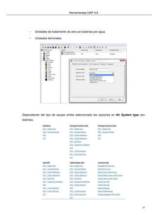 Herramientas HAP 4.8
37
 Unidades de tratamiento de aire con baterías por agua.
 Unidades terminales.
Dependiendo del tipo de equipo arriba seleccionado las opciones en Air System type son
distintas.
 
