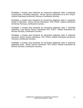 Embalajes y envases para transporte de mercancías peligrosas clase 5 sustancias
Comburentes y Peróxidos Orgánicos, Norma Técnica Colombiana es la NTC 4702-5,
Instituto Colombiano de Normas Técnicas y Certificación (Icontec).

Embalajes y envases para transporte de mercancías peligrosas clase 6, sustancias
tóxicas e infecciosas, Norma Técnica Colombiana NTC 4702-6, Instituto Colombiano
de Normas Técnicas y Certificación (Icontec).

Embalajes y envases para transporte de mercancías peligrosas clase 7 materiales
radiactivos, cuya Norma Técnica Colombiana NTC 4702-7, Instituto Colombiano de
Normas Técnicas y Certificación (Icontec).

Embalajes y envases para transporte de mercancías peligrosas clase 8 sustancias
corrosivas, Norma Técnica Colombiana NTC 4702-8, Instituto Colombiano de Normas
Técnicas y Certificación (Icontec).

Embalajes y envases para transporte de mercancías peligrosas clase 9 sustancias
peligrosas varias, Norma Técnica Colombiana NTC 4702-9, Instituto Colombiano de
Normas Técnicas y Certificación (Icontec).




                  SUBDIRECCION OPERATIVA DE TRANSPORTE AUTOMOTOR             121
                              GRUPO DE ESTUDIOS DE CARGA
 