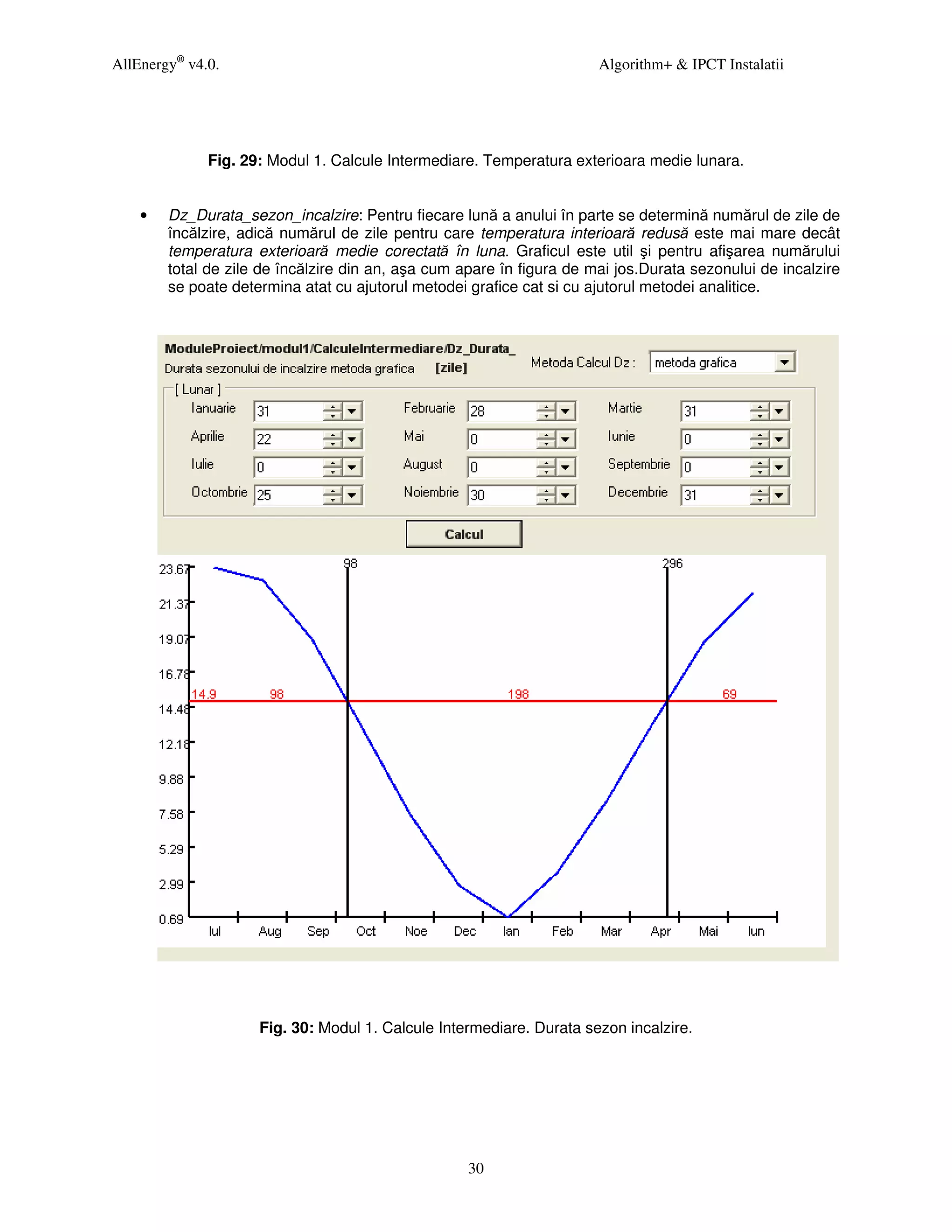 AllEnergy® v4.0.                                                       Algorithm+ & IPCT Instalatii




              Fig. 29: Modul 1. Calcule Intermediare. Temperatura exterioara medie lunara.


    •   Dz_Durata_sezon_incalzire: Pentru fiecare lună a anului în parte se determină numărul de zile de
        încălzire, adică numărul de zile pentru care temperatura interioară redusă este mai mare decât
        temperatura exterioară medie corectată în luna. Graficul este util şi pentru afişarea numărului
        total de zile de încălzire din an, aşa cum apare în figura de mai jos.Durata sezonului de incalzire
        se poate determina atat cu ajutorul metodei grafice cat si cu ajutorul metodei analitice.




                     Fig. 30: Modul 1. Calcule Intermediare. Durata sezon incalzire.




                                                    30
 