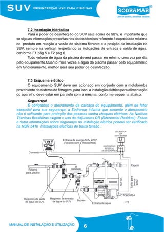 7.2 Instalação hidráulica
       Para o poder de desinfecção do SUV seja acima de 90%, é importante que
se siga as informações prescritas nos dados técnicos referente à capacidade máxima
do produto em relação a vazão do sistema filtrante e a posição de instalação do
SUV, sempre na vertical, respeitando as indicações de entrada e saída de água,
conforme F1 pág 5 e F2 pág 6.
       Todo volume de água da piscina deverá passar no mínimo uma vez por dia
pelo equipamento.Quanto mais vezes a água da piscina passar pelo equipamento
em funcionamento, melhor será seu poder de desinfecção.


      7.3 Esquema elétrico
      O equipamento SUV deve ser acionado em conjunto com a motobomba
proveniente do sistema de filtragem, para isso, a instalação elétrica para alimentação
do aparelho deve estar em paralelo com a mesma, conforme esquema abaixo.
       Segurança!
       É obrigatório o aterramento da carcaça do equipamento, além de fator
essencial para sua segurança, a Sodramar informa que somente o aterramento
não é suficiente para proteção das pessoas contra choques elétricos. As Normas
Técnicas Brasileiras exigem o uso de disjuntores DR (Diferencial-Residual). Essas
e outra informações sobre segurança na instalação elétrica poderá ser verificado
na NBR 5410 ¨Instalações elétricas de baixa tensão¨.




                                                                       F2




                                            6
 
