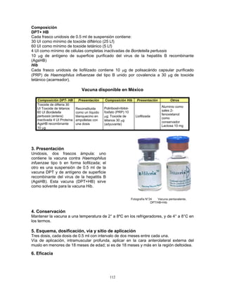 112
Composición
DPT+ HB
Cada frasco unidosis de 0.5 ml de suspensión contiene:
30 UI como mínimo de toxoide diftérico (25 Lf)
60 UI como mínimo de toxoide tetánico (5 Lf)
4 UI como mínimo de células completas inactivadas de Bordetella pertussis
10 μg de antígeno de superficie purificado del virus de la hepatitis B recombinante
(AgsHB)
Hib
Cada frasco unidosis de liofilizado contiene 10 μg de polisacárido capsular purificado
(PRP) de Haemophilus influenzae del tipo B unido por covalencia a 30 μg de toxoide
tetánico (acarreador).
Vacuna disponible en México
Composición DPT- HB Presentación Composición Hib Presentación Otros
Toxoide de difteria 30
UI Toxoide de tétanos
60 UI Bordetella
pertussis (entera)
inactivada 4 UI Proteína
AgsHB recombinante
10 μg
Reconstituida
como un líquido
blanquecino en
ampolletas con
una dosis
Poliribosil-ribitol-
fosfato (PRP) 10
μg; Toxoide de
tétanos 30 μg
(adyuvante)
Liofilizada
Aluminio como
sales 2-
fenoxietanol
como
conservador
Lactosa 10 mg
3. Presentación
Unidosis, dos frascos ámpula: uno
contiene la vacuna contra Haemophilus
infuenzae tipo b en forma liofilizada; el
otro es una suspensión de 0.5 ml de la
vacuna DPT y de antígeno de superficie
recombinante del virus de la hepatitis B
(AgsHB). Esta vacuna (DPT+HB) sirve
como solvente para la vacuna Hib.
4. Conservación
Mantener la vacuna a una temperatura de 2° a 8ºC en los refrigeradores, y de 4° a 8°C en
los termos.
5. Esquema, dosificación, vía y sitio de aplicación
Tres dosis, cada dosis de 0.5 ml con intervalo de dos meses entre cada una.
Vía de aplicación, intramuscular profunda, aplicar en la cara anterolateral externa del
muslo en menores de 18 meses de edad; si es de 18 meses y más en la región deltoidea.
6. Eficacia
Fotografía N°24 Vacuna pentavalente,
DPT/HB+Hib
 
