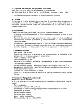 131
4. Esquema, dosificación, vía y sitio de aplicación
Dosis única de 0.5 ml: en niños de 12 meses a 12 años de edad.
Dos dosis, cada dosis de 0.5 ml, con un intervalo de 4 a 8 semanas: 13 años y más.
La vacuna se aplica por vía subcutánea en la región deltoidea del brazo.
5. Eficacia
En menores de 13 años de edad, sanos, una dosis de vacuna conduce al desarrollo de
inmunidad humoral en más del 95% de los vacunados y la eficacia protectora es
persistente y elevada con 94 a 98%. La seroconversión tras una dosis es de 80% en
menores de alto riesgo.
6. Indicaciones
Para la inmunización activa contra la infección por virus de la varicela zoster.
• A partir de los 12 meses de edad, en niños hospitalizados o cuando se tiene un brote
de varicela.
• Personal de salud en riesgo, pacientes con enfermedades crónicas metabólicas,
enfermedades crónicas pulmonares y cardiovasculares, o con anormalidades
neuromusculares.
• Adolescentes y adultos en riesgo siempre y cuando no hayan presentado previamente
la enfermedad. En niños inmunodeprimidos que cursen con leucemia se recomienda
consultar el apartado de “Vacunación en situaciones especiales” de este manual.
7. Contraindicaciones
• Menores de 1 año de edad.
• Cuando se cuente con el antecedente de hipersensibilidad a cualquiera de los
componentes de la vacuna, incluyendo la neomicina.
• Haber padecido la enfermedad.
• Infecciones febriles agudas.
• Personas con tratamiento a base de corticoesteroides a dosis inmunosupresora u
otros inmunosupresores.
• Inmunodeficiencia primaria y adquirida (incluye la infección asintomática por VIH).
• Las personas transfundidas o que han recibido gammaglobulina, deben esperar tres
meses para recibir la vacuna.
• Personas con tuberculosis activa no tratada.
• Embarazo y lactancia, consultar el apartado de “Vacunación en embarazadas” de este
Manual.
8. Procedimientos para la vacunación
Preparación de los Insumos
Al inicio de la jornada laboral se deberá verificar la disponibilidad del siguiente material y
equipo.
• Termo preparado.
• Vaso contenedor o canastilla perforada.
• Frasco ámpula con la vacuna y jeringa prellenada o ampolleta con el diluyente.
• Termómetro de vástago.
• Almohadillas alcoholadas.
• Campo de papel estraza.
• Jabón y toallas desechables.
• Bolsa de plástico roja con sello de RPBI.
 