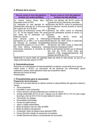 138
5. Eficacia de la vacuna
Vacuna contra el virus del papiloma
humano con cuatro serotipos
Vacuna contra el virus del papiloma
humano con dos serotipos
La vacuna induce títulos altos de
respuesta contra el VPH.
La respuesta es más elevada en las
adolescentes menores de 15 años que en
las mujeres de 16 a 26 años.
Los títulos de anticuerpos contra VPH 6,
11, 16, 18 han llegado hasta 145 veces
por arriba de lo observado con la
infección natural.
Son eficaces contra la infección
persistente en un 96% y en el desarrollo
de lesiones de neoplasia intraepitelial
cervical (NIC) grados 2 y 3 en el 100%.
No tiene efectos terapéuticos sobre
infecciones presentes al momento de la
vacunación.
Tiene una eficacia del 94.7% contra la
incidencia de las infecciones cervicales.
Eficacia del 96.0% contra la persistencia
de la infección cervical durante al menos
6 meses.
Eficacia del 100% contra la infección
cervical persistente durante al menos 12
meses.
Eficacia del 95.7% contra las
anormalidades citológicas.
Protección del 100% contra el desarrollo
de lesiones histológicas.
Protección del 100% contra el desarrollo
de lesiones histológicas CIN2+.
Se ha demostrado también que la eficacia
ha sido del 73.3% contra todas las
lesiones CIN2 (independientemente del
estado del ADN del VPH).
Idealmente la vacuna debe ser aplicada antes de iniciar la vida sexual, ya que es un
riesgo potencial para adquirir el VPH.
6. Contraindicaciones
Personas con antecedentes de hipersensibilidad a cualquier componente de la vacuna.
Fiebre mayor a 38.5ºC. La vacunación de las personas con enfermedad, aguda
moderada o severa, debe aplazarse hasta que el paciente mejore.
Menores de 9 años de edad.
Embarazadas.
7. Procedimientos para la vacunación
Preparación de los Insumos
Al inicio de la jornada laboral se deberá verificar la disponibilidad del siguiente material y
equipo.
• Termo preparado.
• Canastilla o vaso contenedor.
• Frasco ámpula o jeringa prellenada que contiene la vacuna.
• Jeringa desechable de 0.5 ml con 2 agujas una de calibre 20 G x 32 mm para cargar
la jeringa y otra de 22 G X 32 mm para aplicar la vacuna.
• Termómetro de vástago.
• Almohadillas alcoholadas.
• Campo de papel estraza.
• Jabón y toallas desechables.
• Bolsa de plástico roja con sello de RPBI.
• Bolsa de plástico transparente.
• Contenedor rígido de plástico para depositar RPBI.
• Censo Nominal o listado de esquemas incompletos.
• Cartilla Nacional de Salud y comprobantes de vacunación.
 