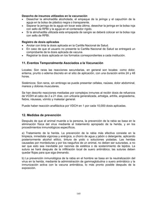 169
Desecho de insumos utilizados en la vacunación
• Desechar la almohadilla alcoholada, el empaque de la jeringa y el capuchón de la
aguja en la bolsa de plástico negra o transparente.
• Separar la jeringa de la aguja sin tocar esta última, desechar la jeringa en la bolsa roja
con sello de RPBI y la aguja en el contenedor rígido.
• Si la almohadilla utilizada esta empapada de sangre se deberá colocar en la bolsa roja
con sello de RPBI.
Registro de dosis aplicadas
• Anotar con tinta la dosis aplicada en la Cartilla Nacional de Salud.
• En caso de que el usuario no presente la Cartilla Nacional de Salud se entregará un
comprobante de la dosis aplicada de vacuna.
• Registrar la dosis aplicada en los formatos correspondientes a cada institución.
11. Eventos Temporalmente Asociados a la Vacunación
Locales: Son raras las reacciones secundarias, en general son locales: como dolor,
eritema, prurito o edema discreto en el sitio de aplicación, con una duración entre 24 y 48
horas.
Sistémicos: Son raros, sin embrago se puede presentar cefalea, naúsea, dolor abdominal,
mareos y dolores musculares.
Se han descrito reacciones mediadas por complejos inmunes al recibir dosis de refuerzos
de VCDH al cabo de 2 a 21 días, con urticaria generalizada, artralgia, artritis, angioedema,
fiebre, náuseas, vómito y malestar general.
Puede haber reacción anafiláctica por VDCH en 1 por cada 10,000 dosis aplicadas.
12. Medidas de prevención
Después de que el animal muerde a la persona, la prevención de la rabia se basa en la
eliminación física del virus mediante el tratamiento apropiado de la herida, y en los
procedimientos inmunológicos específicos.
a) Tratamiento de la herida. La prevención de la rabia más efectiva consiste en la
limpieza, inmediata vigorosa y enérgica, a chorro de agua y jabón o detergente, aplicando
posteriormente alcohol etílico, tintura de yodo o soluciones yodadas. Las heridas
causadas por mordeduras y por los rasguños de un animal, no deben ser suturadas, a no
ser que esto sea inevitable por razones de estética o de sostenimiento de tejidos. La
sutura se hará después de la infiltración local de suero antirrábico; las suturas deben
quedar flojas para que siga drenando.
b) La prevención inmunológica de la rabia en el hombre se basa en la neutralización del
virus en la herida, mediante la administración de gammaglobulina o suero antirrábico y la
inmunización activa con la vacuna antirrábica, lo más pronto posible después de la
exposición.
 