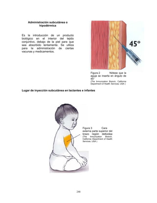 248
Administración subcutánea o
hipodérmica
Es la introducción de un producto
biológico en el interior del tejido
conjuntivo, debajo de la piel para que
sea absorbido lentamente. Se utiliza
para la administración de ciertas
vacunas y medicamentos.
Lugar de inyección subcutánea en lactantes e infantes
Figura 2 Nótese que la
aguja se inserta en ángulo de
45°
(The Inmunization Branch, California
Department of Health Services. USA )
Figura 3 Cara
externa parte superior del
brazo región deltoidea
(The Inmunization Branch,
California Department of Health
Services. USA )
 