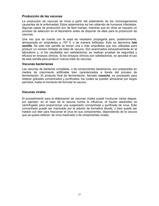27
Producción de las vacunas
La producción de vacunas se inicia a partir del aislamiento de los microorganismos
causantes de la enfermedad. Estos aislamientos se han obtenido de humanos infectados.
Algunas cepas de producción son de fácil manejo, mientras que en otros se requiere un
proceso de selección en el laboratorio antes de disponer de ellas para la producción de
vacunas.
Una vez que se cuenta con la cepa es necesario propagarla para, posteriormente,
almacenarla en ampolletas a -70º C o de manera liofilizada. Esto se denomina lote
semilla. De este lote semilla se toman una o más ampolletas que son utilizadas para
producir un número limitado de lotes de vacuna. Son examinados exhaustivamente en el
laboratorio y, si los resultados son satisfactorios, se realizan pruebas de seguridad y
eficacia en ensayos clínicos. Si los ensayos clínicos son satisfactorios, se aprueba el uso
de esta semilla para producir nuevos lotes de vacunas.
Vacunas bacterianas
Las vacunas de bacterias completas, o de componentes bacterianos, son preparadas en
medios de crecimiento artificiales bien caracterizados a través del proceso de
fermentación. El producto final de fermentación, llamado cosecha, es procesado para
obtener gráneles concentrados y purificados, los cuales se pueden almacenar por largos
períodos, hasta el momento de formular la vacuna.
Vacunas virales
El procedimiento para la elaboración de vacunas virales puede involucrar varias etapas,
por ejemplo: en el caso de la vacuna contra la influenza, el líquido alantoideo es
centrifugado para proporcionar una suspensión concentrada y purificada de virus. Este
concentrado puede ser inactivado por la adición de formalina diluida, o bien puede ser
tratado con éter para fraccionar el virus en sus componentes, dependiendo de la vacuna
que se quiera obtener: de virus inactivado o de componentes virales.
 