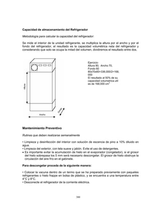300
Capacidad de almacenamiento del Refrigerador
Metodología para calcular la capacidad del refrigerador:
Se mide el interior de la unidad refrigerante, se multiplica la altura por el ancho y por el
fondo del refrigerador, el resultado es la capacidad volumétrica neta del refrigerador y
considerando que solo se ocupa la mitad del volumen, dividiremos el resultado entre dos.
Mantenimiento Preventivo
Rutinas que deben realizarse semanalmente
• Limpieza y desinfección del interior con solución de escencia de pino a 10% diluido en
agua.
• Limpieza del exterior, con tela suave y jabón. Evite el uso de detergentes.
• Es importante evitar la acumulación de hielo en el evaporador (congelador), si el grosor
del hielo sobrepasa los 5 mm será necesario descongelar. El grosor de hielo obstruye la
circulación del aire frío en el gabinete.
Para descongelar proceda de la siguiente manera:
• Colocar la vacuna dentro de un termo que se ha preparado previamente con paquetes
refrigerantes o hielo frappe en bolsa de plástico, y se encuentra a una temperatura entre
4°C y 8°C.
• Desconecte el refrigerador de la corriente eléctrica.
Ejercicio:
Altura 80, Ancho 70,
Fondo 60
80x70x60=336,000/2=168,
000
El resultado al 50% de su
capacidad volumetrica util
es de 168,000 cm3
 