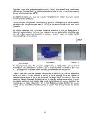305
En ambos casos debe haber presencia de agua o "sudor" en la superficie de los paquetes
refrigerantes, observando en su interior presencia de agua, en ese momento se garantiza
que los refrigerantes están a 0° C.
Es importante cerciorarse que los paquetes refrigerantes no tengan escarcha, ya que
pueden congelar la vacuna.
Utilizar paquetes refrigerantes con rosquilla y que solo contengan agua, se recomienda
que el paquete refrigerante sea llenado con agua aproximadamente en un 80% de su
capacidad.
No utilizar paquetes que contengan sustancia eutéctica o que se desconozca el
contenido, ya que algunos contienen una mezcla de gel con agua, gel con alcohol y agua
con sal, dichas sustancias congelan la vacuna y pueden estar en estado líquido,
presentando bajas temperaturas.
3.- Posteriormente secar los paquetes refrigerantes e introducirlos en los termos
formando un cubo en el interior y verificar que la temperatura se encuentre en de 4° C a
8° C, con seguridad se pueden meter los vasos contenedores con las vacunas.
La forma ideal de colocar los paquetes refrigerantes es formando un cubo: un refrigerante
en la parte inferior, cuatro laterales y uno en la parte superior. Si no se cuenta con
paquetes refrigerantes, el termo se preparará con hielo "frapé" comprimido dentro de
bolsas de plástico, formando de igual manera el cubo. En ambos casos queda al centro
un espacio suficiente para colocar dos vasos contenedores, en uno se colocarán las
vacunas que se están utilizando, y en el otro, frascos cerrados, también se pueden
colocar en una canastilla perforada cuando se utilicen más de dos frascos por tipo de
vacuna.
Nivel de
llenado
Fotografía N°66
Fotografía N°67 Fotografía N°68
 