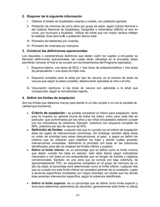 343
2. Disponer de la siguiente información
I. Obtener el listado de localidades urbanas y rurales, con población general.
II. Población de menores de cinco años por grupo de edad, según Censo Nominal o
del Instituto Nacional de Estadística, Geografía e Informática (INEGI) al año en
curso, por municipio y localidad. Utilizar las cifras que con mayor certeza reflejen
la realidad. Esta será la N, o población blanco total.
III. Promedio de habitantes por vivienda.
IV. Promedio de viviendas por manzana.
3. Construir las definiciones operacionales
Los requisitos o características distintivas que deben cubrir los sujetos a encuestar se
llamarán definiciones operacionales, las cuales serán utilizadas en la encuesta; éstas
permitirán conocer al final si se cumple con los lineamientos del Programa (ejemplos):
i. Esquema básico: una dosis de BCG + tres dosis de antipoliomielítica + tres dosis
de pentavalente + una dosis de triple viral.
ii. Esquema completo para la edad por tipo de vacuna: es el número de dosis de
vacuna que según la edad cumplida, debiera tener aplicadas la niña o el niño.
iii. Vacunación oportuna: si las dosis de vacuna son aplicadas a la edad que
corresponda, según la normatividad vigente.
4. Definir los límites de aceptación
Son los límites que debemos marcar para decidir si un lote cumple o no con la variable de
calidad que buscamos.
• Criterio de aceptación : es posible considerar el criterio para aceptación, tanto
para la muestra en general (suma de todos los lotes), como para cada lote en
particular, que conformados por los niños y las niñas encuestados deberán cumplir
con los indicadores de cobertura. Ejemplo: cobertura con esquema completo de
90%, cobertura por tipo de vacuna de 95%.
• Definición de límites: cualquier lote que no cumpla con el criterio de aceptación
debe ser sujeto de intervenciones correctivas. Sin embargo, también debe darse
un orden de prioridad para estas intervenciones; el paso a seguir es definir los
criterios que se utilizarán para clasificar los lotes y decidir cuáles ameritan
intervenciones inmediatas, definiendo la prioridad con base en las coberturas
identificadas; para ello se emplean los límites inferior y superior.
• Definir el límite inferior: es un porcentaje que se define como el límite mínimo
que deben cumplir los lotes en estudio; éste debe fijarse según indicadores
nacionales o con base en los antecedentes que se tengan de fuentes y registros
convencionales. Ejemplo: en una zona que se conoce con baja cobertura, de
aproximadamente 75%, en esquemas completos en el grupo de menores de un
año de edad, el porcentaje será determinado como el límite inferior; cualquier lote
que no cumpla con este límite inferior se considera además de no aceptado, sujeto
a acciones específicas inmediatas con mayor prioridad, sin olvidar que los demás
lotes ameritan intervención específica, según la cobertura identificada.
• Definir el límite superior: es un porcentaje que se define como límite superior y
sirve para determinar parámetros de ubicación; generalmente este límite no afecta
 