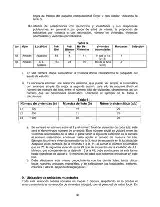 348
hojas de trabajo del paquete computacional Excel u otro similar, utilizando la
tabla 5.
II.Listados de jurisdicciones con municipios y localidades y sus respectivas
poblaciones, en general y por grupo de edad de interés, la proporción de
habitantes por vivienda o una estimación, número de viviendas, viviendas
acumuladas y viviendas por manzana.
Tabla 5
Jur Mpio Localidad Pob.
Gral
Pob.
Blanco
N
No. De
Viviendas
Viviendas
Acumuladas
Manzanas Selección
05 Amatán Acapulco 54 5 11 11 (de la 1 a
la 11)
1
05 Amatán A. L.
Mateos
174 23 35 46 (de la 12 a
la 46)
2
i. En una primera etapa, seleccionar la vivienda donde realizaremos la búsqueda del
sujeto de estudio.
ii. Es necesario efectuar una selección aleatoria, que puede ser simple, o sistemática
con arranque simple. Es mejor la segunda opción; para ello se requiere dividir el
número de muestra del lote, entre el número total de viviendas; obtendremos así un
número que se denominará sistemático. Utilizando el ejemplo de la Tabla 6
calculamos:
Tabla 6
Número de viviendas (a) Muestra del lote (b) Número sistemático (a/b)
L1 500 19 26
L2 800 31 25
L3 1200 46 26
a. Se sorteará un número entre el 1 y el número total de viviendas de cada lote, éste
será el denominado número de arranque. Este número inicial se ubicará entre las
viviendas acumuladas de la tabla 3; para hacer la siguiente selección se le sumará
el número sistemático; continuar hasta agotar el tamaño de muestra del lote.
Ejemplo: la primera vivienda sorteada fue la 3, ésta se encuentra en la localidad de
Acapulco pues contiene de la vivienda 1 a la 11; al sumar el número sistemático
que es 26, la siguiente vivienda es la 29 que se encuentra en la localidad de A.L.
Mateos, que comprende de la vivienda 12 a la 46; debe continuarse de esta forma
hasta completar de ubicar a 19 menores de edad que debemos encuestar en este
lote.
b. Debe efectuarse este mismo procedimiento con los demás lotes, hasta ubicar
todas nuestras unidades muestrales, y se seleccionen las localidades, sectores,
colonias o AGEB, según la desagregación.
9. Ubicación de unidades muestrales
Toda esta selección deberá ubicarse en mapas o croquis, respetando en lo posible el
amanzanamiento o numeración de viviendas otorgado por el personal de salud local. En
 