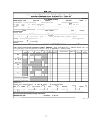 353
ANEXO 1
Fecha de notificación: Local __/__/___ __/__/__ Entidad/Deleg. __/__/__ Región (IMSS) __/__/__Nacional __/__/__
Edad / Fecha de nacimiento: ____/____/____ Género: 1. Masc. 2. Fem.
d m a
Domicilio:
__________________________________________
Jurisdicción
Institución notificante: 1. SSA 2. IMSS-OB 3. ISSSTE 4. Otras 5. IMSS-OP 6. DIF 7. PEMEX 8. SEDENA 9. SECMAR 10. PRIVADA
Notificante: ____________________________________ ________________________
Nombre
Institución vacunadora: (Ver codigo arriba)
Vacunador ____________________________________ ________________________
d m a
Fiebre Exantema Meningitis
Trombocitopenia Parális flácida Anafilaxia Púrpura Reacción local
Otros
1. ETAV Moderado 2. ETAV Grave
Observaciones: ___________________________________________________________________________________________________________
Diluyente para vacunas liofilizadas:
OBSERVACIONES: ___________________________________________________________________________________________________
Diluyente para vacunas liofilizadas:
Lugar de trabajo
1a 2a
fecha
última
VACUNAS INVOLUCRADAS
Anotar en los cuadros correspondientes las dosis aplicadas (1. SI, 2. NO y 9. Lo desconoce), la fecha de aplicación de la (s) última de la (s) vacuna (s) relacionada (s) con el ETAV,
(Anexar fotocopia de la Cartilla Nacional de Vacunación). Vía de aplicación (1. I.M., 2 . I.V., 3. Subcutánea, 4. Intradérmica, 5. Oral).
Nombre
Hora de
aplicación
Vía de
aplicación
Crisis Convulsivas Urticaria
Señale los signos y síntomas presentados: 1. SI, 2. NO, 99. Se ignora. (No dejar espacios en blanco).
HB
DPT
Triple viral (SRP)
Td
SR
DPT + HB + Hib
BCG
Sabin
Municipio / Delegación Estado
Nombre (s)
Dosis y fecha de aplicación
Preliminar 1a
Núm. de loteLaboratorio productor
Fecha de
caducidad
Apellido paterno
Nombre de la Madre ó
responsable del niño:
________________________
______ ______
Apellido paterno
Años Meses
Localidad
________________________
FOLIO ETAV:_____________
Nombre del paciente:
Jurisdic./Zona
FICHA DE IDENTIFICACIÓN
ETAV-1
Calle Número Colonia ó barrio
Apellido materno Nombre (s)
_________________________________
ESTUDIO DE EVENTOS TEMPORALMENTE ASOCIADOS A VACUNACIÓN (ETAV)
FORMATO INTERINSTITUCIONAL DE NOTIFICACIÓN INMEDIATA
________________________
Refuerzos
Adicionales2a 3a
Otras (especificar)
________________________
Apellido materno
Lugar de trabajo
NOTIFICACIÓN
_________________________________
Clasificación clínica Inicial:
Teléfono
Teléfono
Página 1 de 1
Adenopatías
Diagnóstico clínico inicial (del expediente clínico o del médico tratante): ________________________________________________________
 