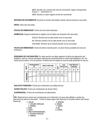 363
MES: Escribir con número del mes de nacimiento, según corresponda.
Enero=1,.., Diciembre=12
AÑO: Escriba a cuatro dígitos el año de nacimiento
ENTIDAD DE NACIMIENTO: Escriba el nombre del estado donde nació la persona vacunada
SEXO: Sexo del vacunado.
FECHA DE EMBARAZO: Fecha de inicio del embarazo.
DOMICILIO: Espacio destinado al registro de los datos de ubicación del vacunado
CALLE: Nombre de la calle donde vive el vacunado
No: Número exterior de la calle donde vive el vacunado
COLONIA: Nombre de la Colonia donde vive el vacunado
FECHA DE EMBARAZO: fecha de última menstruación, es decir fecha probable de inicio de
embarazo
ESQUEMA DE VACUNACIÓN: En esta sección se debe registrar la fecha de aplicación del
biológico, para lo cual es necesario seleccionar correctamente el cuadro del biológico y No. de
dosis que se aplica, a fin de escribir la fecha (dd-mm-aaaa) en que se está aplicando la vacuna.
Antihepatitis
B
DPaT+VIP+Hib
Anti
Rotavirus
Anti Neumo
7valente
BCG
1a
2a
3a
1a
2a
3a
4a
DPT
1a
2a
1a
2a
3a
10052008
SULFATO FERROSO: Fecha de ministración de sulfato ferroso
ACIDO FOLICO: Fecha de ministración de Acido Fólico
ALBENDAZOL: Fecha de ministración de albendazol.
DH: Seleccionar la clave que corresponda a la institución a la que esta afiliado o recibe los
servicios de salud el vacunado. Tomar la clase según lista descrita en la parte inferior del Censo
Nominal.
Espacio para escribir fecha del biológico
1- SALUD 5. SEDENA
1. SEGURO POPULAR 6. SEMAR
2. SMPNG 7. PEMEX
2. IMSS 8. DIF
3. ISSSTE 9. OTROS
4. IMSS OPORTUNIDADES
1. SEGURO POPULAR
2. SMPNG
 