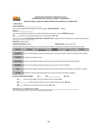 386
1. IDENTIFICACIÓN
ENTIDAD FEDERATIVA:
FECHA DE ELABORACIÓN DEL INFORME: DIA ___ MES ______________________ AÑO 200 ___
DIA: ___
AÑO: _______
RESPONSABLE DE LA ELABORACIÓN DEL INFORME: ______________________________________________________________________
Anotar el nombre completo, puesto o cargo y firma de la persona que elaboró el informe.
INSTITUCIÓN: Secretaría de Salud
Anotar con números arábigos el día en que se elabora el informe, por ejemplo: DIA: 9
MES: _________________Anotar el nombre completo del mes en que se elabora el informe, por ejemplo: MES: mayo
Anotar el año en que se elabora el informe, por ejemplo: AÑO: 2009
BAJA Anotar con números arábigos la cantidad de cada equipo, que no se encuentra operando por descompostura y cuya reparación no es factible.
FALTANTE Corresponde a la resta de los elementos necesarios menos los que se encuentran en buen estado y los reparables.
BUEN ESTADO Anotar con números arábigos la cantidad de cada equipo que se encuentra operando o almacenado en condiciones óptimas.
REPARABLE Anotar con números arábigos la cantidad de cada equipo, que se encuentra en condiciones deficientes.
NECESARIO Anotar con números arábigos la cantidad de cada elemento que se requiere para la operación al 100% de la infraestructura de salud existente.
EXISTENTE Se desglosa en los siguientes tres rubros:
FALTANTE
BUEN ESTADO REPARABLE BAJA
AÑO: _____ Anotar el año al que corresponda el semestre que se informa, por ejemplo: AÑO: 2009
SUBSECRETARÍA DE PREVENCIÓN Y PROMOCIÓN DE LA SALUD
CENTRO NACIONAL PARA LA SALUD DE LA INFANCIA Y LA ADOLESCENCIA
INSTRUCTIVO PARA EL LLENADO DEL INFORME "DIAGNÓSTICO DE LOS EQUIPOS DE LA CADENA DE FRÍO"
SEMESTRE: _________________________
Anotar según corresponda enero-junio para el primer semestre y julio-diciembre para el segundo, por ejemplo: SEMESTRE: enero-junio.
Anotar el nombre completo de la entidad federativa que informa, por ejemplo: ENTIDAD FEDERATIVA: OAXACA
Este apartado deberá llenarse según corresponda a cada uno de los elementos enlistados en la primera columna, utilizando los renglones de cada rubro, según
ELEMENTO
JURISDICCIÓN SANITARIA N°: 6 Sierra UNIDAD DE SALUD: C.S.R. San Juan Tabaá
Para el caso de los formatos CONCENTRADO JURISDICCIONAL y UNIDAD DE SALUD, se registrará el número y denominación de la Jurisdicción Sanitaria y el tipo y
denominación o ubicación de la unidad de salud
NECESARIO EXISTENTE
 