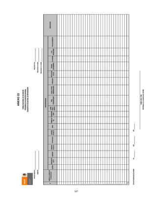387
ELETRICO
CAPACIDADÚTIL
ENLTS
ABSORCIÓN
CAPACIDAD
ÚTILENLTS
FOTOVOLTAICO
CAPACIDAD
ÚTILENLTS
MARCA
TERMOM.INTY
EXT.
TERMOGRÁFI
CADOR
ALARMA
VISUALY
AUDITIVA
PAPEL
TERMOGRÁFICADOR
PLUMILLAP/PAPEL
TERMOGRAFICADOR
CONGELADOR
PROTECTORDE
VOLTAJE
FUNCIONA
ADECUADAMENTE
NOFUNCIONA
N°DE
REPARACIONES
FECHADEADQUISICIÓN
1
2
3
4
5
6
7
8
9
10
11
12
13
14
15
16
17
18
19
20
21
22
23
24
25
26
27
28
29
30
31
32
TOTAL
FECHADEELABORACIÓNDELINFORME:DIA:MES:AÑO:
NOMBRECARGOYFIRMA
RESPONSABLEDELAELABORACIONDELINFORME
CONSEJONACIONALDEVACUNACION
PROGRAMADEVACUNACIONUNIVERSAL
DIAGNOSTICOSITUACIONALDEREFRIGERADOR
POBLACIONDE0A9AÑOS:
POBLACIONDE10A19AÑOS:
OBSERVACIONES
NOMBREDELAJURISDICCION
Y/OUNIDADDESALUD
N°
UNIDADREFRIGERANTE
SEMESTRE:
ENTIDADFEDERATIVA:POBLACIONTOTAL:
ANEXO22
 