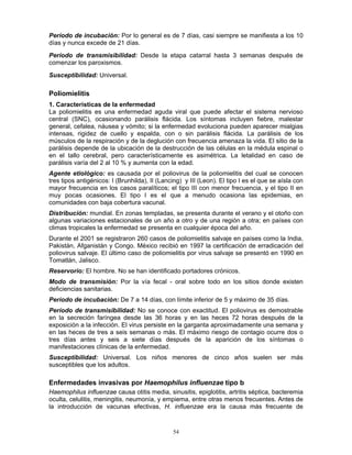 54
Período de incubación: Por lo general es de 7 días, casi siempre se manifiesta a los 10
días y nunca excede de 21 días.
Período de transmisibilidad: Desde la etapa catarral hasta 3 semanas después de
comenzar los paroxismos.
Susceptibilidad: Universal.
Poliomielitis
1. Características de la enfermedad
La poliomielitis es una enfermedad aguda viral que puede afectar el sistema nervioso
central (SNC), ocasionando parálisis flácida. Los síntomas incluyen fiebre, malestar
general, cefalea, náusea y vómito; si la enfermedad evoluciona pueden aparecer mialgias
intensas, rigidez de cuello y espalda, con o sin parálisis flácida. La parálisis de los
músculos de la respiración y de la deglución con frecuencia amenaza la vida. El sitio de la
parálisis depende de la ubicación de la destrucción de las células en la médula espinal o
en el tallo cerebral, pero característicamente es asimétrica. La letalidad en caso de
parálisis varía del 2 al 10 % y aumenta con la edad.
Agente etiológico: es causada por el poliovirus de la poliomielitis del cual se conocen
tres tipos antigénicos: I (Brunhilda), II (Lancing) y III (Leon). El tipo I es el que se aísla con
mayor frecuencia en los casos paralíticos; el tipo III con menor frecuencia, y el tipo II en
muy pocas ocasiones. El tipo I es el que a menudo ocasiona las epidemias, en
comunidades con baja cobertura vacunal.
Distribución: mundial. En zonas templadas, se presenta durante el verano y el otoño con
algunas variaciones estacionales de un año a otro y de una región a otra; en países con
climas tropicales la enfermedad se presenta en cualquier época del año.
Durante el 2001 se registraron 260 casos de poliomielitis salvaje en países como la India,
Pakistán, Afganistán y Congo. México recibió en 1997 la certificación de erradicación del
poliovirus salvaje. El último caso de poliomielitis por virus salvaje se presentó en 1990 en
Tomatlán, Jalisco.
Reservorio: El hombre. No se han identificado portadores crónicos.
Modo de transmisión: Por la vía fecal - oral sobre todo en los sitios donde existen
deficiencias sanitarias.
Período de incubación: De 7 a 14 días, con límite inferior de 5 y máximo de 35 días.
Período de transmisibilidad: No se conoce con exactitud. El poliovirus es demostrable
en la secreción faríngea desde las 36 horas y en las heces 72 horas después de la
exposición a la infección. El virus persiste en la garganta aproximadamente una semana y
en las heces de tres a seis semanas o más. El máximo riesgo de contagio ocurre dos o
tres días antes y seis a siete días después de la aparición de los síntomas o
manifestaciones clínicas de la enfermedad.
Susceptibilidad: Universal. Los niños menores de cinco años suelen ser más
susceptibles que los adultos.
Enfermedades invasivas por Haemophilus influenzae tipo b
Haemophilus influenzae causa otitis media, sinusitis, epiglotitis, artritis séptica, bacteremia
oculta, celulitis, meningitis, neumonía, y empiema, entre otras menos frecuentes. Antes de
la introducción de vacunas efectivas, H. influenzae era la causa más frecuente de
 