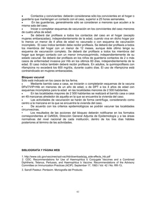 61
• Contactos y convivientes: deberán considerarse sólo los convivientes en el hogar o
guardería que mantengan un contacto con el caso, superior a 25 horas semanales.
• En las guarderías, generalmente sólo se consideran a menores que acuden a la
misma sala del caso.
• Iniciar o completar esquemas de vacunación en los convivientes del caso menores
de cuatro años de edad.
• Se deberá dar profilaxis a todos los contactos del caso en el hogar (excepto
mujeres embarazadas), independientemente de la edad, cuando viva en dicho hogar por
lo menos un menor de 4 años de edad no vacunado o con esquema de vacunación
incompleto. El caso índice también debe recibir profilaxis. Se deberá dar profilaxis a todos
los miembros del hogar con un menor de 12 meses, aunque éste último tenga su
esquema de vacunación completo. Se deberá dar profilaxis a todos los miembros del
hogar que tengan contacto con un menor inmunosuprimido, independientemente de su
estado vacunal. Se deberá dar profilaxis en los niños de guardería contactos de 2 o más
casos de enfermedad invasiva por Hib en los últimos 60 días, independientemente de la
edad. El caso índice también deberá recibir profilaxis. En adultos, la quimioprofilaxis con
rifampicina no excederá los 600 mg/día, durante cuatro días. El uso de rifampicina está
contraindicado en mujeres embarazadas.
Bloqueo vacunal
Sólo está indicado en los casos de tos ferina.
• Mediante barrido casa a casa, se iniciarán o completarán esquemas de la vacuna
DPaT/VIP+Hib en menores de un año de edad, o de DPT a los 4 años de edad con
esquemas incompletos para la edad en las localidades menores de 2 500 habitantes.
• En las localidades mayores de 2 500 habitantes se realizará el barrido casa a casa
en 49 manzanas alrededor de aquella en la que se encuentra la vivienda del caso.
• Las actividades de vacunación se harán de forma centrífuga, considerando como
centro a la manzana en la que se encuentra la vivienda del caso.
• De acuerdo con los criterios epidemiológicos se podrán vacunar las localidades
circunvecinas.
• Los resultados de las acciones del bloqueo deberán notificarse en los formatos
correspondientes al CeNSIA, Dirección General Adjunta de Epidemiología y a las áreas
normativas del nivel nacional de cada institución, dentro de los tres días hábiles
posteriores al término de las actividades.
BIBLIOGRAFÍA Y PÁGINA WEB
1. http://www.cdc.gov/vaccines/vpd-vac/hib/downloads/pg_side-effects_hib.pdf
2. CDC. Recommendations for Use of Haemophilus b Conjugate Vaccines and a Combined
Diphtheria, Tetanus, Pertussis, and Haemophilus b Vaccine. Recommendations of the Advisory
Committee on Immunization Practices (ACIP). September 17, 1993 / Vol. 42 / No. RR-13.
3. Sanofi Pasteur. Pentaxim. Monografia del Producto.
 