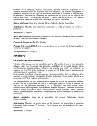69
trastorno de la conducta, huesos radiolúcidos, lesiones cutáneas purpúricas. Si la
infección materna ocurre en el primer mes del embarazo, los defectos congénitos se
presentan en el 50% de los hijos de las madres infectadas; si ocurre en el segundo mes
de embarazo, los defectos congénitos se presentan en el 20-30% de los hijos de las
madres infectadas; y si ocurre en el tercer o cuarto mes de embarazo, los defectos
congénitos se presentan en el 5% de los hijos de las madres infectadas.
Agente etiológico: Virus de la rubéola. Género Rubivirus, familia Togaviridae.
Distribución: Mundial. Universalmente endémica, es más prevalente en invierno y
primavera.
Reservorio: El hombre.
Modo de transmisión: Por contacto directo con una persona infectada a través de gotitas
de saliva o secreciones nasales o faríngeas.
Período de incubación: De 16 a 18 días.
Período de transmisibilidad: Una semana antes y por lo menos 5 a 6 días después de
comenzar la erupción.
Susceptibilidad: Es universal.
PAROTIDITIS
Características de la enfermedad
Infección vírica aguda, que se caracteriza por la inflamación de una o más glándulas
salivares (con más frecuencia las glándulas parótidas); sin embargo pueden darse
manifestaciones extraglandulares salivares. La orquitis que suele ser unilateral se
presenta en 15 a 25% de los hombres y la ovaritis en 5% de las mujeres pospúberes; la
esterilidad es una secuela muy rara.
La presencia de cefalea y letargo sugieren meningoencefalitis, dolor en abdomen alto,
náuseas y vómito sugieren pancreatitis. El dolor abdominal inferior sugiere oforitis y se
observa en el 25% de mujeres postpuberales.
Las manifestaciones del SNC se presentan en menos del 10% de las infecciones. Durante
la evolución de la parotiditis es común la meningitis aséptica, ocurre a menudo sin
afección de las glándulas salivales y es la meningitis viral más común. Otras
complicaciones neurológicas en poco comunes incluyen encefalitis, Síndrome de Guillain-
Barré y mielitis transversa. Otras complicaciones menos comunes: artritis, tiroiditis,
mastitis, glomerulonefritis, miocarditis, trombocitopenia, ataxia, pancreatitis y alteración de
la audición.
Agente etiológico: Virus de la parotiditis, del género Rubulavirus, familia
Paramyxoviridae.
Distribución: Mundial. La tercera parte de la población es susceptible y presentan
infecciones asintomáticas. El invierno y la primavera son las estaciones de mayor
prevalencia.
Reservorio: El hombre.
 