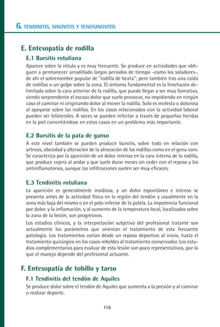 MANUAL VALORACION AJUSTE 99-152:Maquetación 1   22/12/10   10:19   Página 18




      6. TENDINITIS, SINOVITIS Y TENOSINOVITIS

         E. Entesopatía de rodilla
           E.1 Bursitis rotuliana
           Aparece sobre la rótula y es muy frecuente. Se produce en actividades que obli-
           guen a permanecer arrodillado largos periodos de tiempo -como los soladores-,
           de ahí el sobrenombre popular de "rodilla de beata"; pero también tras una caída
           de rodillas o un golpe sobre la zona. El síntoma fundamental es la hinchazón de-
           limitada sobre la cara anterior de la rodilla, que puede llegar a ser muy llamativa,
           siendo sorprendente el escaso dolor que suele provocar, no impidiendo en ningún
           caso el caminar ni originando dolor al mover la rodilla. Solo es molesta o dolorosa
           al apoyarse sobre las rodillas. En los casos relacionados con la actividad laboral
           pueden ser bilaterales. A veces se pueden infectar a través de pequeñas heridas
           en la piel convirtiéndose en estos casos en un problema más importante.

           E.2 Bursitis de la pata de ganso
           A este nivel también se pueden producir bursitis, sobre todo en relación con
           artrosis, obesidad y alteración de la alineación de las rodillas como en el genu varo.
           Se caracteriza por la aparición de un dolor intenso en la cara interna de la rodilla,
           que produce cojera al andar y que suele durar meses sin ceder con el reposo y los
           antiinflamatorios, aunque las infiltraciones suelen ser muy eficaces.

           E.3 Tendinitis rotuliana
           La aparición es generalmente insidiosa, y un dolor espontáneo e intenso se
           presenta antes de la actividad física en la región del tendón y usualmente en la
           zona más baja del mismo o en el polo inferior de la patela. La impotencia funcional
           por dolor, y la inflamación, y al aumento de la temperatura local, localizados sobre
           la zona de la lesión, son progresivos.
           Los estadios clínicos, y la interpretación subjetiva del profesional tratante son
           actualmente los parámetros que orientan el tratamiento de esta frecuente
           patología. Los tratamientos varían desde un reposo deportivo al inicio, hasta el
           tratamiento quirúrgico en los casos rebeldes al tratamiento conservador. Los estu-
           dios complementarios para evaluar de esta lesión son poco representativos, por lo
           que el manejo depende del profesional actuante.

         F. Entesopatía de tobillo y tarso
           F.1 Tendinitis del tendón de Aquiles
           Se produce dolor sobre el tendón de Aquiles que aumenta a la presión y al caminar
           o realizar deporte.

                                                 116
 