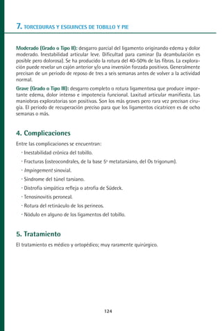 MANUAL VALORACION AJUSTE 99-152:Maquetación 1   22/12/10     10:19   Página 24




      7. TORCEDURAS Y ESGUINCES DE TOBILLO Y PIE

      Moderado (Grado o Tipo II): desgarro parcial del ligamento originando edema y dolor
      moderado. Inestabilidad articular leve. Dificultad para caminar (la deambulación es
      posible pero dolorosa). Se ha producido la rotura del 40-50% de las fibras. La explora-
      ción puede revelar un cajón anterior y/o una inversión forzada positivos. Generalmente
      precisan de un periodo de reposo de tres a seis semanas antes de volver a la actividad
      normal.
      Grave (Grado o Tipo III): desgarro completo o rotura ligamentosa que produce impor-
      tante edema, dolor intenso e impotencia funcional. Laxitud articular manifiesta. Las
      maniobras exploratorias son positivas. Son los más graves pero rara vez precisan ciru-
      gía. El periodo de recuperación preciso para que los ligamentos cicatricen es de ocho
      semanas o más.


      4. Complicaciones
      Entre las complicaciones se encuentran:
          Inestabilidad crónica del tobillo.
          Fracturas (osteocondrales, de la base 5º metatarsiano, del Os trigonum).
          Impingement sinovial.
          Síndrome del túnel tarsiano.
          Distrofia simpática refleja o atrofia de Südeck.
          Tenosinovitis peroneal.
          Rotura del retináculo de los perineos.
          Nódulo en alguno de los ligamentos del tobillo.


      5. Tratamiento
      El tratamiento es médico y ortopédico; muy raramente quirúrgico.




                                                   124
 