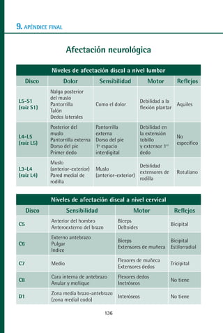 MANUAL VALORACION AJUSTE 99-152:Maquetación 1    22/12/10   10:19   Página 36




      9. APÉNDICE FINAL

                               Afectación neurológica

                       Niveles de afectación discal a nivel lumbar
             Disco          Dolor               Sensibilidad           Motor            Reflejos
                      Nalga posterior
                      del muslo
        L5-S1                                                       Debilidad a la
                      Pantorrilla           Como el dolor                           Aquiles
        (raíz S1)                                                   flexión plantar
                      Talón
                      Dedos laterales
                      Posterior del         Pantorrilla             Debilidad en
                      muslo                 externa                 la extensión
        L4-L5                                                                           No
                      Pantorrilla externa   Dorso del pie           tobillo
        (raíz L5)                                                                       especifico
                      Dorso del pie         1º espacio              y extensor 1er
                      Primer dedo           interdigital            dedo
                      Muslo
                                                                Debilidad
        L3-L4         (anterior-exterior)   Muslo
                                                                extensores de           Rotuliano
        (raíz L4)     Pared medial de       (anterior-exterior)
                                                                rodilla
                      rodilla


                      Niveles de afectación discal a nivel cervical
             Disco             Sensibilidad                     Motor                 Reflejos
                       Anterior del hombro             Bíceps
        C5                                                                           Bicipital
                       Anteroexterno del brazo         Deltoides
                       Externo antebrazo
                                                       Bíceps               Bicipital
        C6             Pulgar
                                                       Extensores de muñeca Estilorradial
                       Indice
                                                       Flexores de muñeca
        C7             Medio                                                         Tricipital
                                                       Extensores dedos
                       Cara interna de antebrazo       Flexores dedos
        C8                                                                           No tiene
                       Anular y meñique                Inetróseos
                       Zona media brazo-antebrazo
        D1                                        Interóseos                         No tiene
                       (zona medial codo)

                                                 136
 