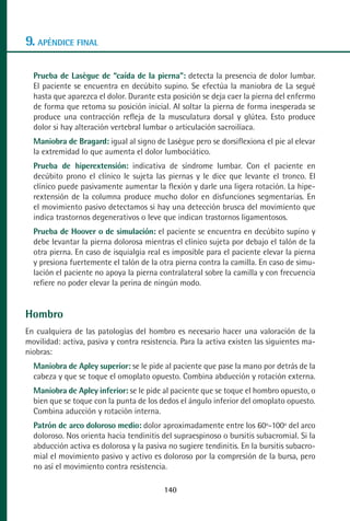 MANUAL VALORACION AJUSTE 99-152:Maquetación 1   22/12/10   10:19   Página 40




      9. APÉNDICE FINAL

         Prueba de Lasègue de “caída de la pierna”: detecta la presencia de dolor lumbar.
         El paciente se encuentra en decúbito supino. Se efectúa la maniobra de La segué
         hasta que aparezca el dolor. Durante esta posición se deja caer la pierna del enfermo
         de forma que retoma su posición inicial. Al soltar la pierna de forma inesperada se
         produce una contracción refleja de la musculatura dorsal y glútea. Esto produce
         dolor si hay alteración vertebral lumbar o articulación sacroilíaca.
         Maniobra de Bragard: igual al signo de Lasègue pero se dorsiflexiona el pie al elevar
         la extremidad lo que aumenta el dolor lumbociático.
         Prueba de hiperextensión: indicativa de síndrome lumbar. Con el paciente en
         decúbito prono el clínico le sujeta las piernas y le dice que levante el tronco. El
         clínico puede pasivamente aumentar la flexión y darle una ligera rotación. La hipe-
         rextensión de la columna produce mucho dolor en disfunciones segmentarias. En
         el movimiento pasivo detectamos si hay una detección brusca del movimiento que
         indica trastornos degenerativos o leve que indican trastornos ligamentosos.
         Prueba de Hoover o de simulación: el paciente se encuentra en decúbito supino y
         debe levantar la pierna dolorosa mientras el clínico sujeta por debajo el talón de la
         otra pierna. En caso de isquialgia real es imposible para el paciente elevar la pierna
         y presiona fuertemente el talón de la otra pierna contra la camilla. En caso de simu-
         lación el paciente no apoya la pierna contralateral sobre la camilla y con frecuencia
         refiere no poder elevar la perina de ningún modo.


      Hombro
      En cualquiera de las patologías del hombro es necesario hacer una valoración de la
      movilidad: activa, pasiva y contra resistencia. Para la activa existen las siguientes ma-
      niobras:
         Maniobra de Apley superior: se le pide al paciente que pase la mano por detrás de la
         cabeza y que se toque el omoplato opuesto. Combina abducción y rotación externa.
         Maniobra de Apley inferior: se le pide al paciente que se toque el hombro opuesto, o
         bien que se toque con la punta de los dedos el ángulo inferior del omoplato opuesto.
         Combina aducción y rotación interna.
         Patrón de arco doloroso medio: dolor aproximadamente entre los 60º-100º del arco
         doloroso. Nos orienta hacia tendinitis del supraespinoso o bursitis subacromial. Si la
         abducción activa es dolorosa y la pasiva no sugiere tendinitis. En la bursitis subacro-
         mial el movimiento pasivo y activo es doloroso por la compresión de la bursa, pero
         no así el movimiento contra resistencia.

                                                 140
 