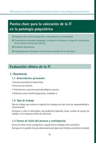 MANUAL VALORACION AJUSTE:Maquetación 1    22/12/10   09:40   Página 15




          Manual para la valoración de la incapacidad temporal en las patologías más prevalentes




         Puntos clave para la valoración de la IT
         en la patología psiquiátrica
            1) Evolución de la clínica (progresión y desarrollo de la enfermedad).
            2) Tratamientos realizados (posología, cantidad de fármacos y tiempo de instauración
               de los mismos fármacos) y eficacia.
            3) Profesión del paciente.
            4) Capacidad para enfrentarse con las tareas normales de la vida diaria.




         Evaluación clínica de la IT
         1. Anamnesis
            1.1 Antecedentes personales
             Sucesos traumáticos importantes.
             Consumo de tóxicos.
             Tratamientos o procesos psicopatológicos previos.
             Ambiente socio-familiar (separación, viudedad…).


            1.2 Tipo de trabajo
            Tipo de trabajo que realiza en especial los trabajos con alto nivel de responsabilidad y
            concentración.
            Averiguar si está en desempleo, hay problemas laborales, busca cambio de puesto de
            trabajo o si la empresa cambia de ubicación.


            1.3 Forma de inicio del proceso y contingencia
            Forma de inicio: lenta y progresiva o aguda (crisis ansiedad, brote psicótico).
            Averiguar si es posible el suceso desencadenante (personal, familiar, económico, laboral).

                                                      15
 