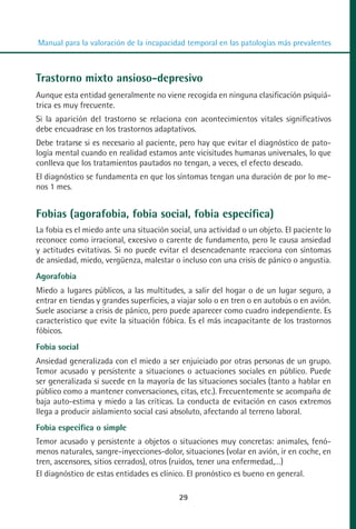 MANUAL VALORACION AJUSTE:Maquetación 1   22/12/10   09:40   Página 29




          Manual para la valoración de la incapacidad temporal en las patologías más prevalentes



         Trastorno mixto ansioso-depresivo
         Aunque esta entidad generalmente no viene recogida en ninguna clasificación psiquiá-
         trica es muy frecuente.
         Si la aparición del trastorno se relaciona con acontecimientos vitales significativos
         debe encuadrase en los trastornos adaptativos.
         Debe tratarse si es necesario al paciente, pero hay que evitar el diagnóstico de pato-
         logía mental cuando en realidad estamos ante vicisitudes humanas universales, lo que
         conlleva que los tratamientos pautados no tengan, a veces, el efecto deseado.
         El diagnóstico se fundamenta en que los síntomas tengan una duración de por lo me-
         nos 1 mes.


         Fobias (agorafobia, fobia social, fobia específica)
         La fobia es el miedo ante una situación social, una actividad o un objeto. El paciente lo
         reconoce como irracional, excesivo o carente de fundamento, pero le causa ansiedad
         y actitudes evitativas. Si no puede evitar el desencadenante reacciona con síntomas
         de ansiedad, miedo, vergüenza, malestar o incluso con una crisis de pánico o angustia.
         Agorafobia
         Miedo a lugares públicos, a las multitudes, a salir del hogar o de un lugar seguro, a
         entrar en tiendas y grandes superficies, a viajar solo o en tren o en autobús o en avión.
         Suele asociarse a crisis de pánico, pero puede aparecer como cuadro independiente. Es
         característico que evite la situación fóbica. Es el más incapacitante de los trastornos
         fóbicos.
         Fobia social
         Ansiedad generalizada con el miedo a ser enjuiciado por otras personas de un grupo.
         Temor acusado y persistente a situaciones o actuaciones sociales en público. Puede
         ser generalizada si sucede en la mayoría de las situaciones sociales (tanto a hablar en
         público como a mantener conversaciones, citas, etc.). Frecuentemente se acompaña de
         baja auto-estima y miedo a las críticas. La conducta de evitación en casos extremos
         llega a producir aislamiento social casi absoluto, afectando al terreno laboral.
         Fobia específica o simple
         Temor acusado y persistente a objetos o situaciones muy concretas: animales, fenó-
         menos naturales, sangre-inyecciones-dolor, situaciones (volar en avión, ir en coche, en
         tren, ascensores, sitios cerrados), otros (ruidos, tener una enfermedad,…)
         El diagnóstico de estas entidades es clínico. El pronóstico es bueno en general.

                                                     29
 