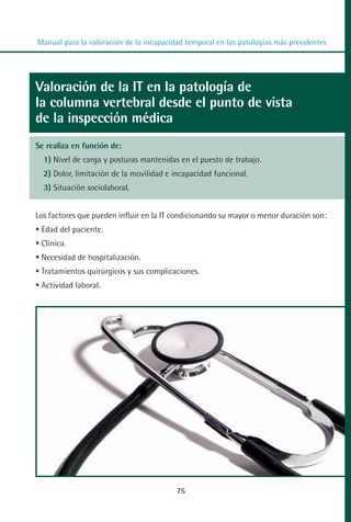 MANUAL VALORACION AJUSTE 53-98:Maquetación 1   22/12/10   10:08   Página 23




          Manual para la valoración de la incapacidad temporal en las patologías más prevalentes




         Valoración de la IT en la patología de
         la columna vertebral desde el punto de vista
         de la inspección médica
         Se realiza en función de:
            1) Nivel de carga y posturas mantenidas en el puesto de trabajo.
            2) Dolor, limitación de la movilidad e incapacidad funcional.
            3) Situación sociolaboral.


         Los factores que pueden influir en la IT condicionando su mayor o menor duración son:
           Edad del paciente.
           Clínica.
           Necesidad de hospitalización.
           Tratamientos quirúrgicos y sus complicaciones.
           Actividad laboral.




                                                    75
 