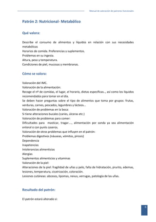 Manual de valoración de patrones funcionales

Patrón 2: Nutricional- Metabólico
Qué valora:
Describe el consumo de alimentos y líquidos en relación con sus necesidades
metabólicas
Horarios de comida. Preferencias y suplementos.
Problemas en su ingesta.
Altura, peso y temperatura.
Condiciones de piel, mucosas y membranas.

Cómo se valora:
Valoración del IMC.
Valoración de la alimentación:
Recoge el nº de comidas, el lugar, el horario, dietas específicas.., así como los líquidos
recomendados para tomar en el día.
Se deben hacer preguntas sobre el tipo de alimentos que toma por grupos: frutas,
verduras, carnes, pescados, legumbres y lácteos...
Valoración de problemas en la boca:
Si tiene alteraciones bucales (caries, úlceras etc.)
Valoración de problemas para comer:
Dificultades para masticar, tragar...., alimentación por sonda ya sea alimentación
enteral o con purés caseros.
Valoración de otros problemas que influyen en el patrón:
Problemas digestivos (náuseas, vómitos, pirosis)
Dependencia
Inapetencias
Intolerancias alimenticias
Alergias
Suplementos alimenticios y vitaminas
Valoración de la piel:
Alteraciones de la piel: fragilidad de uñas y pelo, falta de hidratación, prurito, edemas,
lesiones, temperatura, cicatrización, coloración.
Lesiones cutáneas: abcesos, lipomas, nevus, verrugas, patología de las uñas.

Resultado del patrón:
El patrón estará alterado si:
6

 
