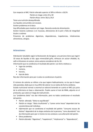 Manual de valoración de patrones funcionales

Con respecto al IMC: Patrón alterado superior al 30% o inferior a 18,5%
Patrón en riesgo: entre 25 y 30
Patrón eficaz: entre 18,6 y 24,9
Tiene una nutrición desequilibrada
Los líquidos consumidos son escasos.
Existen problemas en la boca
Hay dificultades para masticar y/o tragar. Necesita sonda de alimentación.
Existen lesiones cutáneas o en mucosas, alteraciones de la piel o falta de integridad
tisular o cutánea
Presencia de problemas digestivos, dependencias, inapetencias, intolerancias
alimenticias, alergias.

Aclaraciones:
Hidratación Saludable según la Declaración de Zaragoza: una persona tiene que ingerir
10 vasos de líquidos al día: agua mineral/del grifo, refrescos sin azúcar añadido, té,
café o infusiones sin azúcar; otros autores consideran de 8 a 10.
Información que no condiciona el resultado del patrón: Los ítems relativos a:
 lugar de comidas,
 número,
 horario,
 tipo de dieta
Nos dan información pero por si solos no condicionan el patrón.
El número de calorías se refiere a las que ingiere habitualmente, no las que le hayan
sido pautadas; dado que es muy difícil de valorar no se realiza de forma cotidiana.
Estado nutricional normal o anormal se valorará teniendo en cuenta el IMC y/o juicio
de la enfermera en base a observación. Puede usarse el test de MNA, adjunto en el
protocolo, que valora el riesgo de malnutrición.
Los “problemas dieta” nos dan información, pero no todos condicionan el resultado
del patrón:
 Patrón alterado: “dieta no equilibrada”
 Patrón en riesgo: “dieta insuficiente” y “comer entre horas” dependerá de las
características del individuo.
 Información que no condiciona el resultado del patrón: “consumo escaso de
lácteos” dependerá de la etapa evolutiva de la persona; “cena abundante” nos
da información pero por sí mismo no nos conduce a una alteración del patrón.
 Otros problemas:
 Patrón alterado: “digestivos”, “inapetencia”, “intolerancia” o “dependencia”,
7

 