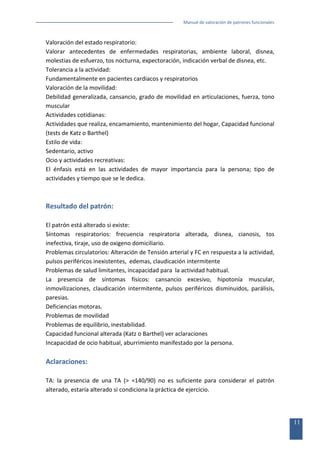 Manual de valoración de patrones funcionales

Valoración del estado respiratorio:
Valorar antecedentes de enfermedades respiratorias, ambiente laboral, disnea,
molestias de esfuerzo, tos nocturna, expectoración, indicación verbal de disnea, etc.
Tolerancia a la actividad:
Fundamentalmente en pacientes cardiacos y respiratorios
Valoración de la movilidad:
Debilidad generalizada, cansancio, grado de movilidad en articulaciones, fuerza, tono
muscular
Actividades cotidianas:
Actividades que realiza, encamamiento, mantenimiento del hogar, Capacidad funcional
(tests de Katz o Barthel)
Estilo de vida:
Sedentario, activo
Ocio y actividades recreativas:
El énfasis está en las actividades de mayor importancia para la persona; tipo de
actividades y tiempo que se le dedica.

Resultado del patrón:
El patrón está alterado si existe:
Síntomas respiratorios: frecuencia respiratoria alterada, disnea, cianosis, tos
inefectiva, tiraje, uso de oxigeno domiciliario.
Problemas circulatorios: Alteración de Tensión arterial y FC en respuesta a la actividad,
pulsos periféricos inexistentes, edemas, claudicación intermitente
Problemas de salud limitantes, incapacidad para la actividad habitual.
La presencia de síntomas físicos: cansancio excesivo, hipotonía muscular,
inmovilizaciones, claudicación intermitente, pulsos periféricos disminuidos, parálisis,
paresias.
Deficiencias motoras.
Problemas de movilidad
Problemas de equilibrio, inestabilidad.
Capacidad funcional alterada (Katz o Barthel) ver aclaraciones
Incapacidad de ocio habitual, aburrimiento manifestado por la persona.

Aclaraciones:
TA: la presencia de una TA (> =140/90) no es suficiente para considerar el patrón
alterado, estaría alterado si condiciona la práctica de ejercicio.

11

 