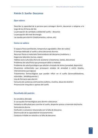 Manual de valoración de patrones funcionales

Patrón 5: Sueño- Descanso
Que valora:
Describe la capacidad de la persona para conseguir dormir, descansar o relajarse a lo
largo de las 24 horas del día
La percepción de cantidad y calidad del sueño – descanso
La percepción del nivel de energía.
Las ayudas para dormir (medicamentos, rutinas, etc)

Como se valora:
El espacio físico (ventilación, temperatura agradable y libre de ruidos)
El tiempo dedicado al sueño u otros descansos diurnos
Recursos físicos o materiales favorecedores del descanso (mobiliario..)
Exigencias laborales (turnos, viajes)
Hábitos socio culturales (hora de acostarse o levantarse, siestas, descansos)
Problemas de salud física que provoquen dolor o malestar
Problemas de salud psicológica que afecten al estado de ánimo (ansiedad, depresión)
Situaciones ambientales que provoquen estados de ansiedad o estrés (duelos,
intervenciones quirúrgicas)
Tratamientos farmacológicos que puedan influir en el sueño (broncodilatadores,
esteroides , betabloqueantes )
Uso de fármacos para dormir.
Consumo de sustancias estimulantes (cafeína, nicotina, abuso de alcohol )
Presencia de ronquidos o apneas del sueño.

Resultado del patrón:
Se considera alterado:
Si usa ayudas farmacológicas para dormir o descansar.
Verbaliza la dificultad para conciliar el sueño, despertar precoz o inversión día/noche.
Somnolencia diurna.
Confusión o cansancio relacionado con la falta de descanso.
Disminución de la capacidad de funcionamiento.
Conducta irritable en relación a la falta de descanso.

14

 