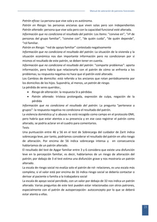 Manual de valoración de patrones funcionales

Patrón eficaz: La persona que vive sola y es autónoma.
Patrón en Riesgo: las personas ancianas que viven solas pero son independientes
Patrón alterado: persona que vive sola pero con la capacidad funcional esté alterada.
Información que no condiciona el resultado del patrón: Los ítems: “convive en”, “nº de
personas del grupo familiar”, “convive con”, “de quién cuida”, “de quién depende”,
“rol familiar.
Patrón en Riesgo: “red de apoyo familiar” contestado negativamente
Información que no condiciona el resultado del patrón: La situación de la vivienda y la
situación económica nos dan importante información pero no condicionan por sí
mismos el resultado de este patrón, se deben tener en cuenta.
Información que no condiciona el resultado del patrón: “comparte problemas”: aporta
información, pero habría que relacionarlo con el patrón de cómo se enfrenta a los
problemas; su respuesta negativa no hace que el patrón esté alterado.
Los Cambios de domicilio: está referido a los ancianos que rotan periódicamente por
los domicilios de los hijos. Supondría, al menos, un patrón de riesgo.
La pérdida de seres queridos:,
• Riesgo de alteración: la respuesta SI a pérdidas
• Patrón alterado: tristeza prolongada, expresión de culpa, negación de la
pérdida
Información que no condiciona el resultado del patrón: La pregunta “pertenece a
grupos”: la respuesta negativa no condiciona el resultado del patrón.
La violencia doméstica y/ o abusos no está recogido como campo en el protocolo OMI,
pero habría que estar atentos a su presencia y en ese caso registrar el patrón como
alterado, se podría aclarar en el cuadro para comentarios.
Tests
Una puntuación entre 46 y 56 en el test de Sobrecarga del cuidador de Zarit indica
sobrecarga leve, por tanto, podríamos considerar el resultado del patrón en alto riesgo
de alteración. Por encima de 56 indica sobrecarga intensa y en consecuencia
hablaríamos de un patrón alterado.
El resultado del test de Apgar familiar entre 3 y 6 considera que existe una disfunción
leve en la percepción familiar, es decir, hablaríamos de un riesgo de alteración del
patrón; por debajo de 3 el test estima una disfunción grave y nos mostraría un patrón
alterado.
La escala de riesgo social no evalúa solo el patrón de rol- relaciones, es una escala más
completa; si el valor está por encima de 16 indica riesgo social se debería contactar o
derivar al paciente o familia a la trabajadora social
La escala de apoyo social percibido, con un valor por debajo de 32 nos indica un patrón
alterado. Varias preguntas de este test pueden estar relacionadas con otros patrones,
especialmente con el patrón de autopercepción- autoconcepto por lo que se deberá
estar atento a ellas.

21

 