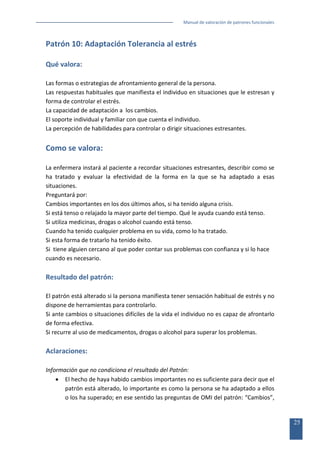Manual de valoración de patrones funcionales

Patrón 10: Adaptación Tolerancia al estrés
Qué valora:
Las formas o estrategias de afrontamiento general de la persona.
Las respuestas habituales que manifiesta el individuo en situaciones que le estresan y
forma de controlar el estrés.
La capacidad de adaptación a los cambios.
El soporte individual y familiar con que cuenta el individuo.
La percepción de habilidades para controlar o dirigir situaciones estresantes.

Como se valora:
La enfermera instará al paciente a recordar situaciones estresantes, describir como se
ha tratado y evaluar la efectividad de la forma en la que se ha adaptado a esas
situaciones.
Preguntará por:
Cambios importantes en los dos últimos años, si ha tenido alguna crisis.
Si está tenso o relajado la mayor parte del tiempo. Qué le ayuda cuando está tenso.
Si utiliza medicinas, drogas o alcohol cuando está tenso.
Cuando ha tenido cualquier problema en su vida, como lo ha tratado.
Si esta forma de tratarlo ha tenido éxito.
Si tiene alguien cercano al que poder contar sus problemas con confianza y si lo hace
cuando es necesario.

Resultado del patrón:
El patrón está alterado si la persona manifiesta tener sensación habitual de estrés y no
dispone de herramientas para controlarlo.
Si ante cambios o situaciones difíciles de la vida el individuo no es capaz de afrontarlo
de forma efectiva.
Si recurre al uso de medicamentos, drogas o alcohol para superar los problemas.

Aclaraciones:
Información que no condiciona el resultado del Patrón:
• El hecho de haya habido cambios importantes no es suficiente para decir que el
patrón está alterado, lo importante es como la persona se ha adaptado a ellos
o los ha superado; en ese sentido las preguntas de OMI del patrón: “Cambios”,

25

 