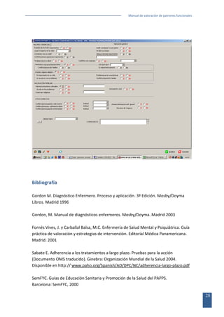 Manual de valoración de patrones funcionales

Bibliografía
Gordon M. Diagnóstico Enfermero. Proceso y aplicación. 3º Edición. Mosby/Doyma
Libros. Madrid 1996
Gordon, M. Manual de diagnósticos enfermeros. Mosby/Doyma. Madrid 2003
Fornés Vives, J. y Carballal Balsa, M.C. Enfermería de Salud Mental y Psiquiátrica. Guía
práctica de valoración y estrategias de intervención. Editorial Médica Panamericana.
Madrid. 2001
Sabate E. Adherencia a los tratamientos a largo plazo. Pruebas para la acción
(Documento OMS traducido). Ginebra: Organización Mundial de la Salud 2004.
Disponible en http:// www.paho.org/Spanish/AD/DPC/NC/adherencia-largo-plazo.pdf
SemFYC. Guías de Educación Sanitaria y Promoción de la Salud del PAPPS.
Barcelona: SemFYC, 2000
28

 