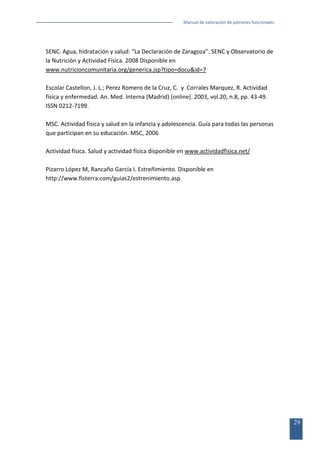 Manual de valoración de patrones funcionales

SENC. Agua, hidratación y salud: “La Declaración de Zaragoza”. SENC y Observatorio de
la Nutrición y Actividad Física. 2008 Disponible en
www.nutricioncomunitaria.org/generica.jsp?tipo=docu&id=7
Escolar Castellon, J. L.; Perez Romero de la Cruz, C. y Corrales Marquez, R. Actividad
física y enfermedad. An. Med. Interna (Madrid) [online]. 2003, vol.20, n.8, pp. 43-49.
ISSN 0212-7199.
MSC. Actividad física y salud en la infancia y adolescencia. Guía para todas las personas
que participan en su educación. MSC, 2006
Actividad física. Salud y actividad física disponible en www.actividadfisica.net/
Pizarro López M, Rancaño García I. Estreñimiento. Disponible en
http://www.fisterra.com/guias2/estrenimiento.asp

29

 