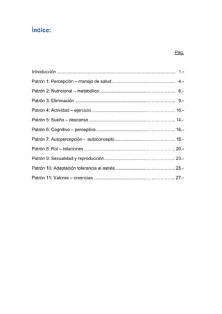 Índice:

Pag.

Introducción............................................................................................... 1.Patrón 1: Percepción – manejo de salud................................................... 4.Patrón 2: Nutricional – metabólico.....................................……………….. 6.Patrón 3: Eliminación ........................................................……………….. 9.Patrón 4: Actividad – ejercicio ...........................................……………….. 10.Patrón 5: Sueño – descanso .............................................……………….. 14.Patrón 6: Cognitivo – perceptivo .......................................……………….. 16.Patrón 7: Autopercepción - autoconcepto ........................……………….. 18.Patrón 8: Rol – relaciones .................................................……………….. 20.Patrón 9: Sexualidad y reproducción.................................……………….. 23.Patrón 10: Adaptación tolerancia al estrés ........................……………….. 25.Patrón 11: Valores – creencias .........................................……………….. 27.-

 