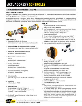 actuadores y controles
Servicio al cliente +1 704 841 6000
Por más información, hojas de presentación y manuales, visite www.apollovalves.com
3
Actuadores neumáticos – AD y AS
Piñón y cremallera Apollo
Diseñados y fabricados para lo máximo en durabilidad y confiabilidad, los nuevos actuadores neumáticos de piñón y cremallera
Apollo® proporcionan una vida de servicio sobresaliente.
Los actuadores de piñón y cremallera Apollo tienen adaptadores de impulsor de inserto reemplazable en todos los modelos
excepto los más grandes, y muchas unidades cuentan con patrones de pernos duales serie“F". Las numerosas combinaciones de
impulsor de actuador y de patrones de pernos permiten montar directamente varios tipos de válvula.
ventajas
£	 Diseño compacto de piñón y cremallera
£	 Operación de cuarto de vuelta
£	Diseñado para el uso en diversos tipos de válvula: Válvulas
de bola, válvulas mariposa, válvulas de macho
£	 Apto para amortiguadores y abrepuertas
£	 Trece tamaños distintos
£	 Versiones tanto de tope sencillo como de tope doble**
£	Unidades tanto de doble efecto como de retorno por resorte
£	Capacidad de torque en doble efecto desde 119 pulg.-lb
hasta 40273 pulg.-lb con un suministro de aire de 80 psi
£	 Insertos para impulsor extraíbles/reemplazables*
£	 Conjuntos de resorte precargado
£	 Montaje de válvula ISO 5211
£	 Montajes de accesorios NAMUR (VDI/VDE)
£	Clasificación ATEC II, 2 GD, Zonas 1 o 2 (Gases) y 21 o 22
(Polvo)
£	 Diseño de piñón contra expulsión del vástago
£	 Máxima presión admisible: 116 psig (8 bar)
£	Medios compatibles: aire limpio y seco, gases no
corrosivos y filtrados, o aceite hidráulico liviano
£	 Prelubricado para toda la vida útil del actuador
£	Protección anticorrosiva con cromato de todos los
componentes de aluminio
£	 Cada unidad lleva un número de serie
£	 Garantía Apollo por 5 años
Notas:
*	Está disponible una amplia selección de insertos estándar para
impulsores cuadrados, DIN y doble D.
** 	Las unidades de tope único se usan cuando se necesita un ajuste
preciso de la posición abierto de la válvula. Son estándar en todos
losactuadores,aexcepcióndelosdostamañosmayoresenloscuales
los topes únicos son opcionales. Los actuadores con topes ajustables
dobles están también disponibles para dichas aplicaciones en
válvula mariposa, por ejemplo, para permitir un ajuste preciso tanto
de la posición abierta como la cerrada.
características
1.	 Cuerpo de fundición de aluminio
	 Terminado con una capa de cromato amarillo en polvo
2.	 Tapas terminales de aluminio fundido a troquel
	 Terminado con una capa de cromato amarillo en polvo
3.	 Pistones de aluminio fundido a troquel
	 Recubiertos en cromato amarillo
4.	 Piñón de aleación de aluminio
	7075-T6
	 Terminación en anodizado duro
5.	 Insertos de impulsor
	 Aluminio extrudado
	 Terminación en anodizado duro
6.	 Resortes concéntricos precargados
	 Recubiertos en Deltatone®
7.	 Guías de pistón
	 Poliamida cargada con disulfuro de molibdeno
8.	Casquillos
	 Polioximetileno (POM)
9.	 Sellos de O-ring
	 Temp. estándar (-4°F a 180°F): Buna-N
	 Alta temperatura (-4°F a 250°F): Fluorocarbono
	 Baja temp. (-40°F a180°F): Silicona
10.	Tornillos de capuchón, tuercas y otras piezas Acero
inoxidable 304
 