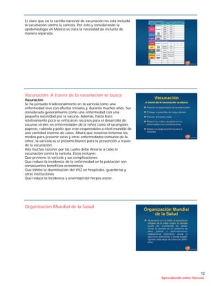Es claro que en la cartilla nacional de vacunación no está incluida
la vacunación contra la varicela. Por ésto y considerando la
epidemiología en México es clara la necesidad de incluirla de
manera separada.




Vacunación: A través de la vacunación se busca:
Vacunación
Se ha pensado tradicionalmente en la varicela como una
enfermedad leve con efectos triviales y, durante muchos años, fue
considerada generalmente como una enfermedad con una
pequeña necesidad por la vacuna. Además, hasta hace
relativamente poco se enfocaron recursos para el desarrollo de
vacunas virales en enfermedades de la niñez como el sarampión,
paperas, rubéola y polio que eran responsables a nivel mundial de
una cantidad enorme de casos. Ahora que nosotros tenemos los
medios para prevenir éstas y otras enfermedades comunes de la
niñez, la varicela es el próximo blanco para la prevención a través
de la vacunación.
Hay muchas razones por las cuales debe llevarse a cabo la
vacunación contra la varicela. Éstas incluyen:
Que previene la varicela y sus complicaciones
Que reduce la incidencia de la enfermedad en la población con
consecuentes beneficios económicos
Que inhibe la diseminación del VVZ en hospitales, guarderías y
otras instituciones
Que reduce la incidencia y severidad del herpes zoster.




Organización Mundial de la Salud




                                                                                              12
                                                                      Aprendiendo sobre Varicela
 