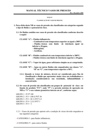MANUAL TÉCNICO VASOS DE PRESSÃO
Rev.: Dezembro 2000
64
NEXO IV
CLASSIFICAÇÃO DE VASOS DE PRESSÃO
1. Para efeito desta NR os vasos de pressão são classificados em categorias segundo
o tipo de fluido e o potencial de risco.
1.1. Os fluidos contidos nos vasos de pressão são classificados conforme descrito
a seguir:
CLASSE “A”: - Fluidos inflamáveis;
- Combustível com temperatura superior ou igual a 200ºC;
- Fluidos tóxicos com limite de tolerância igual ou
inferior a 20 ppm;
- Hidrogênio;
- Acetileno.
CLASSE “B”: - Fluidos combustíveis com temperatura inferior a 200ºC;
- Fluidos tóxicos com limite de tolerância superior a 20 ppm;
CLASSE “C”: - Vapor de água, gases asfixiantes simples ou ar comprimido.
CLASSE “D”: - Água ou outros fluidos não enquadrados nas classes “A”.
“B” ou “C”, com temperatura superior a 50ºC.
1.1.1. Quando se tratar de mistura, deverá ser considerado para fins de
classificação o fluido que apresentar maior risco aos trabalhadores e
instalações considerando-se sua toxicidade, inflamabilidade e
concentração.
1.2. Os vasos de pressão são classificados em grupos de potencial de risco em
função do produto “P.V”, onde “P” é a pressão máxima de operação em
MPa e “V” o seu volume geométrico interno em m3
, conforme segue:
GRUPO 1 : P.V? 100
GRUPO 2 : P.V <100 E PV? 30
GRUPO 3 : P.V <30 E PV? 2,5
GRUPO 4 : P.V< 2,5 E PV? 1
GRUPO 5 : P.V < 1
1.2.1 - Vasos de pressão que operem sob a condição de vácuo deverão enquadrar-se
nas seguintes categorias:
- CATEGORIA I - para fluidos inflamáveis;
- CATEGORIA V - para outros fluidos
 
