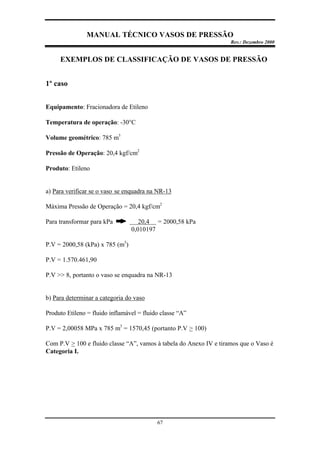 MANUAL TÉCNICO VASOS DE PRESSÃO
Rev.: Dezembro 2000
67
EXEMPLOS DE CLASSIFICAÇÃO DE VASOS DE PRESSÃO
1º caso
Equipamento: Fracionadora de Etileno
Temperatura de operação: -30°C
Volume geométrico: 785 m3
Pressão de Operação: 20,4 kgf/cm2
Produto: Etileno
a) Para verificar se o vaso se enquadra na NR-13
Máxima Pressão de Operação = 20,4 kgf/cm2
Para transformar para kPa 20,4 . = 2000,58 kPa
0,010197
P.V = 2000,58 (kPa) x 785 (m3
)
P.V = 1.570.461,90
P.V >> 8, portanto o vaso se enquadra na NR-13
b) Para determinar a categoria do vaso
Produto Etileno = fluido inflamável = fluido classe “A”
P.V = 2,00058 MPa x 785 m3
= 1570,45 (portanto P.V > 100)
Com P.V > 100 e fluido classe “A”, vamos à tabela do Anexo IV e tiramos que o Vaso é
Categoria I.
 