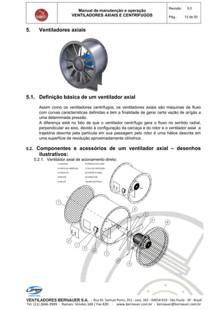 Manual de manutenção e operação
VENTILADORES AXIAIS E CENTRÍFUGOS
Revisão: 5.0
Pág.: 12 de 50
5. Ventiladores axiais
5.1. Definição básica de um ventilador axial
Assim como os ventiladores centrífugos, os ventiladores axiais são máquinas de fluxo
com curvas características definidas e tem a finalidade de gerar certa vazão de ar/gás a
uma determinada pressão.
A diferença está no fato de que o ventilador centrífugo gera o fluxo no sentido radial,
perpendicular ao eixo, devido à configuração da carcaça e do rotor e o ventilador axial a
trajetória descrita pela partícula em sua passagem pelo rotor é uma hélice descrita em
uma superfície de revolução aproximadamente cilíndrica.
5.2. Componentes e acessórios de um ventilador axial – desenhos
ilustrativos:
5.2.1. Ventilador axial de acionamento direto:
1) CARCAÇA
2) PORTA DE INSPEÇÃO
3) CAVALETE
4) MOTOR
5) HÉLICE
6) ARRUELA DO CUBO
7) TELA DE PROTEÇÃO
8) CONTRA FLANGE
9) CONECTOR
10)CABO ELÉTRICO
 