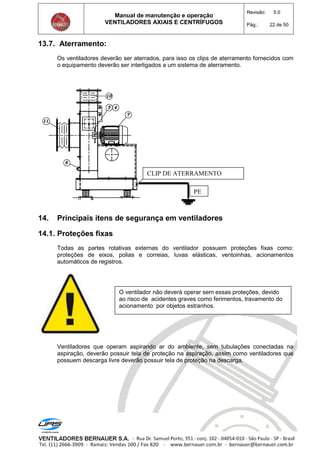 Manual de manutenção e operação
VENTILADORES AXIAIS E CENTRÍFUGOS
Revisão: 5.0
Pág.: 22 de 50
13.7. Aterramento:
Os ventiladores deverão ser aterrados, para isso os clips de aterramento fornecidos com
o equipamento deverão ser interligados a um sistema de aterramento.
14. Principais itens de segurança em ventiladores
14.1. Proteções fixas
Todas as partes rotativas externas do ventilador possuem proteções fixas como:
proteções de eixos, polias e correias, luvas elásticas, ventoinhas, acionamentos
automáticos de registros.
Ventiladores que operam aspirando ar do ambiente, sem tubulações conectadas na
aspiração, deverão possuir tela de proteção na aspiração, assim como ventiladores que
possuem descarga livre deverão possuir tela de proteção na descarga.
O ventilador não deverá operar sem essas proteções, devido
ao risco de acidentes graves como ferimentos, travamento do
acionamento por objetos estranhos.
CLIP DE ATERRAMENTO
PE
 